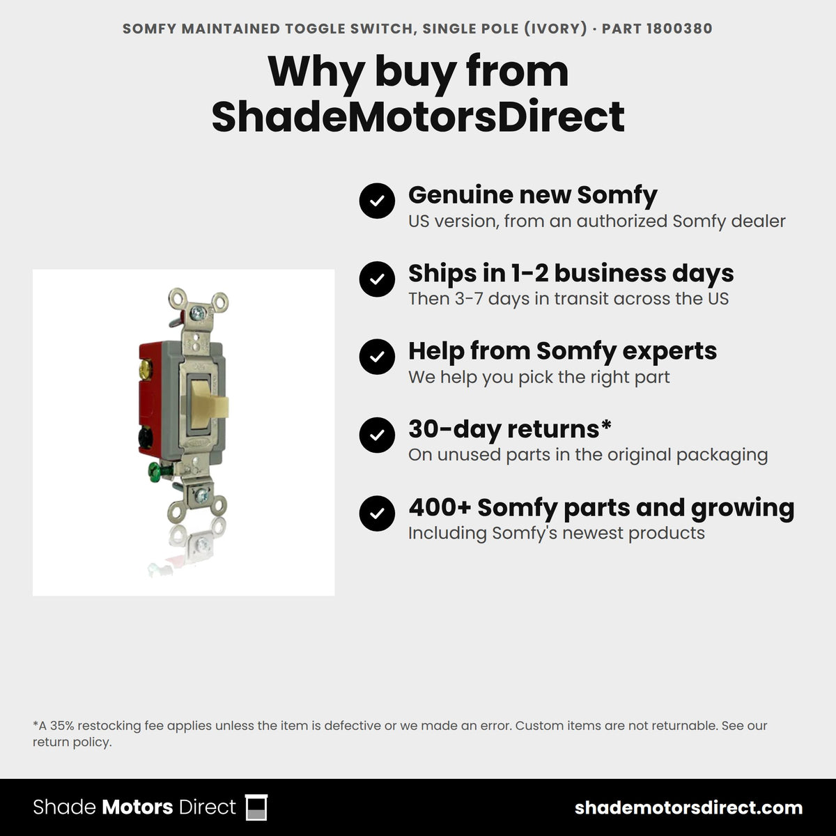Buy the Somfy Maintained Toggle Switch, Single Pole (Ivory), part 1800380, genuine new, from ShadeMotorsDirect