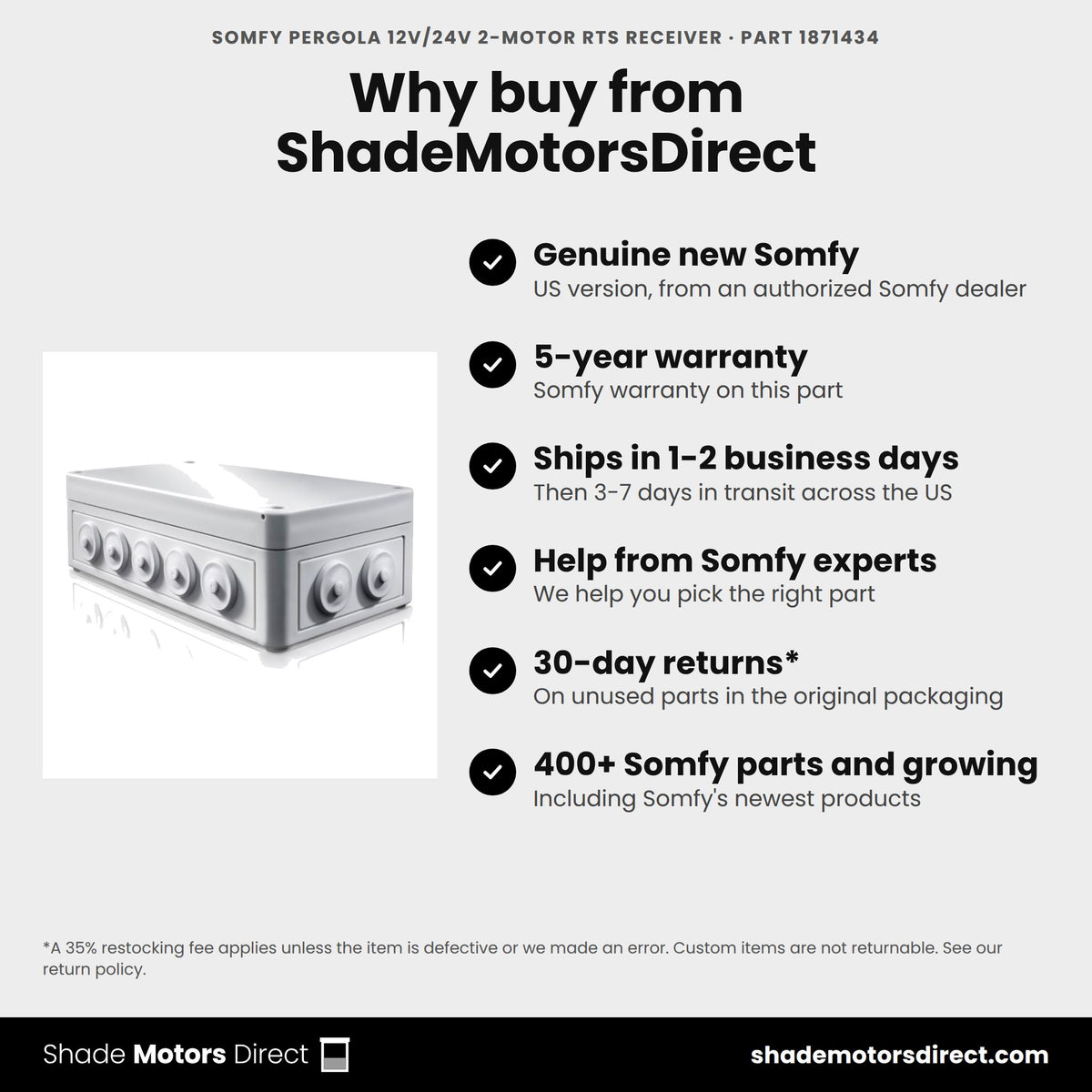 Buy the Somfy Pergola RTS receiver, part 1871434, genuine new with 5-year warranty, from ShadeMotorsDirect