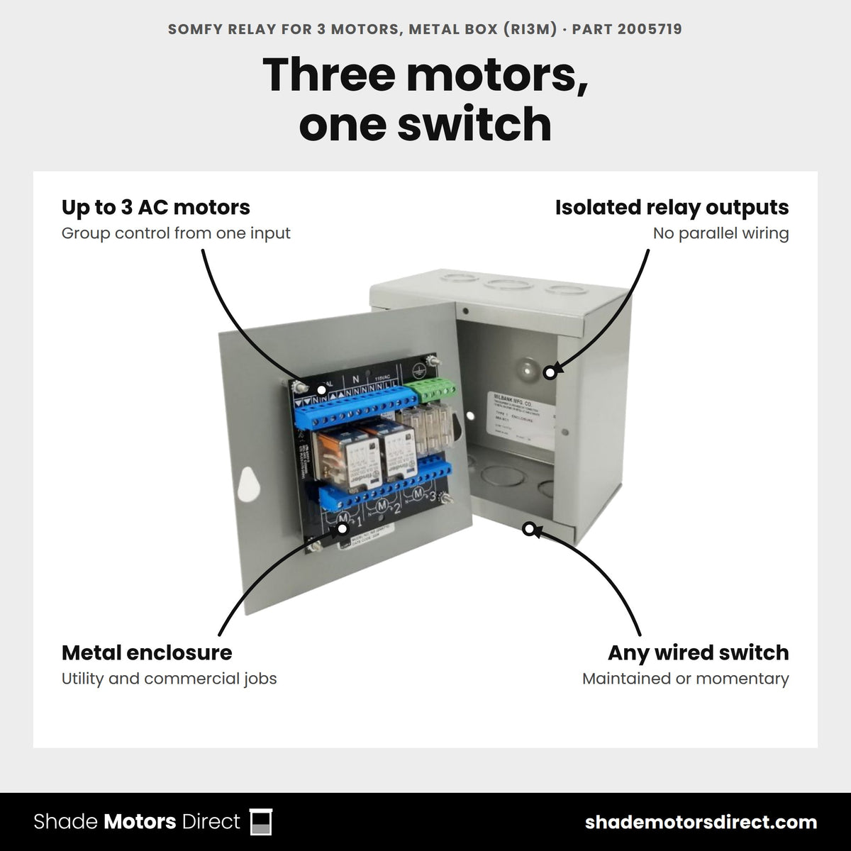 Somfy RI3M relay for 3 motors in a metal box, part 2005719, features: up to 3 AC motors, isolated relay outputs, metal enclosure