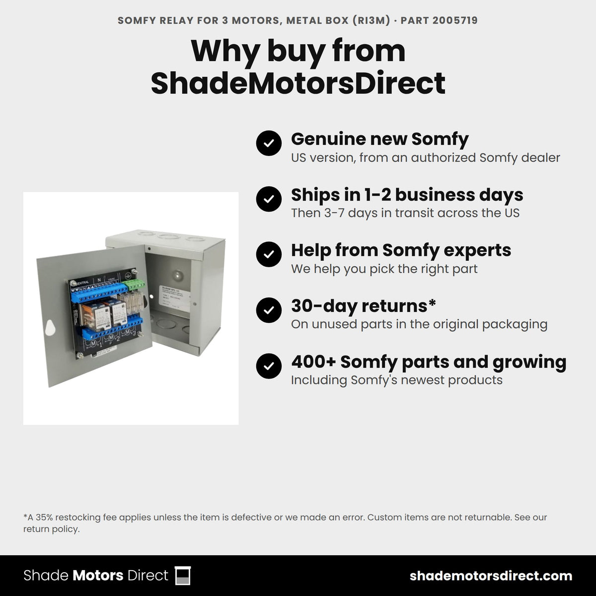 Buy the Somfy Relay for 3 Motors, Metal Box (RI3M), part 2005719, genuine new, from ShadeMotorsDirect