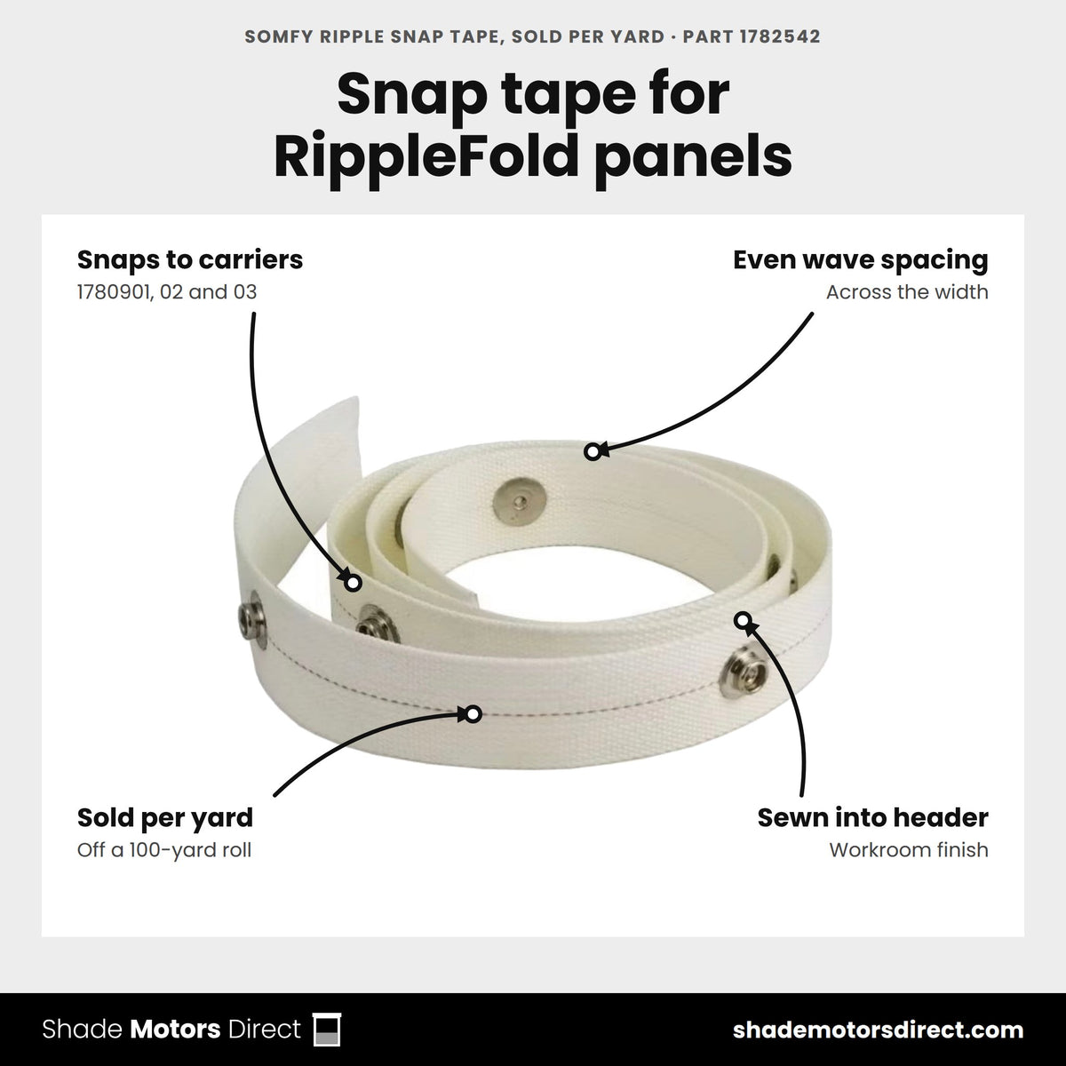 Somfy Ripple Snap Tape, Sold per Yard, part 1782542, features: snaps to RippleFold carriers 1780901, 1780902 and 1780903, even wave spacing, sold per yard off a 100-yard roll