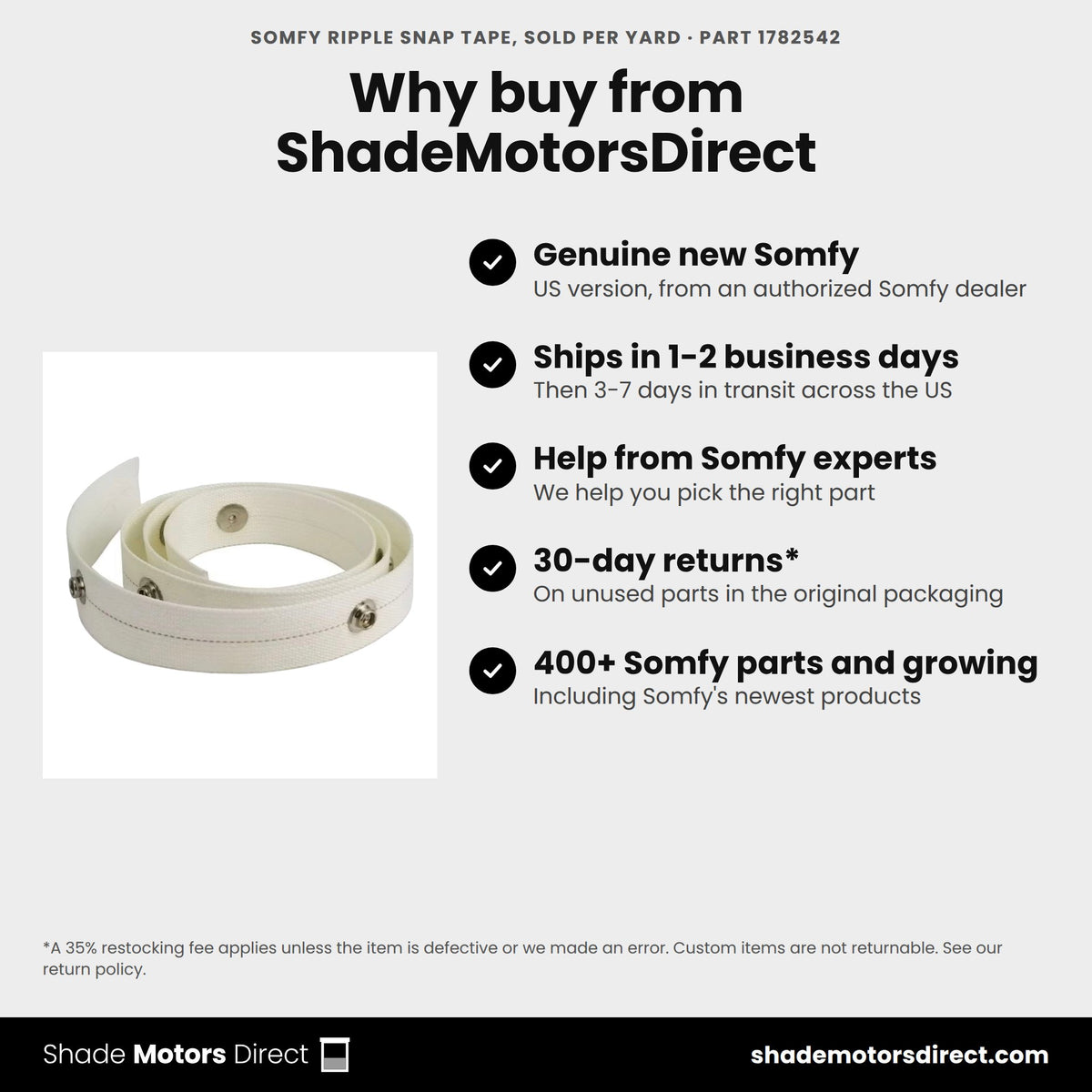 Buy the Somfy Ripple Snap Tape, Sold per Yard, part 1782542, genuine new, from ShadeMotorsDirect