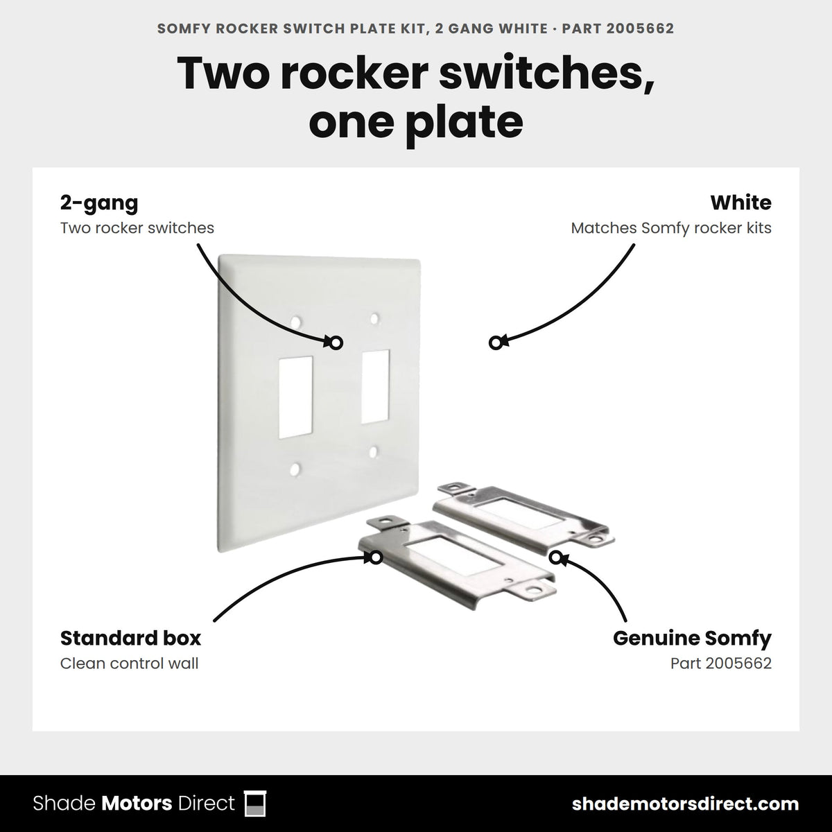 Somfy Rocker Switch Plate Kit, 2 gang white, part 2005662, features: 2-gang white plate kit for two Somfy rocker switches in a standard box