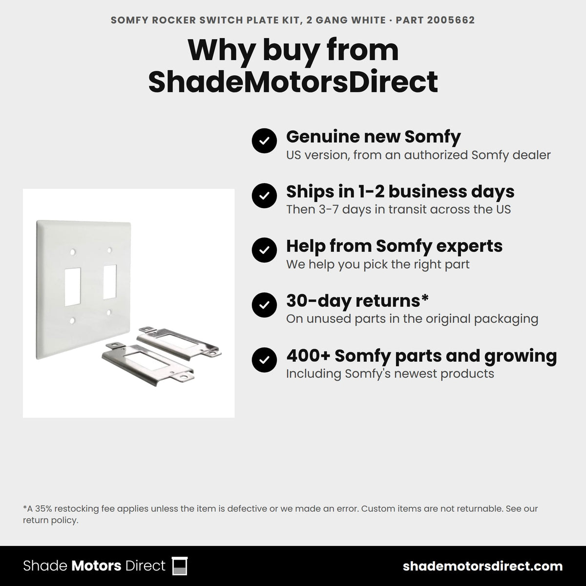 Buy the Somfy Rocker Switch Plate Kit, 2 gang white, part 2005662, genuine new, from ShadeMotorsDirect