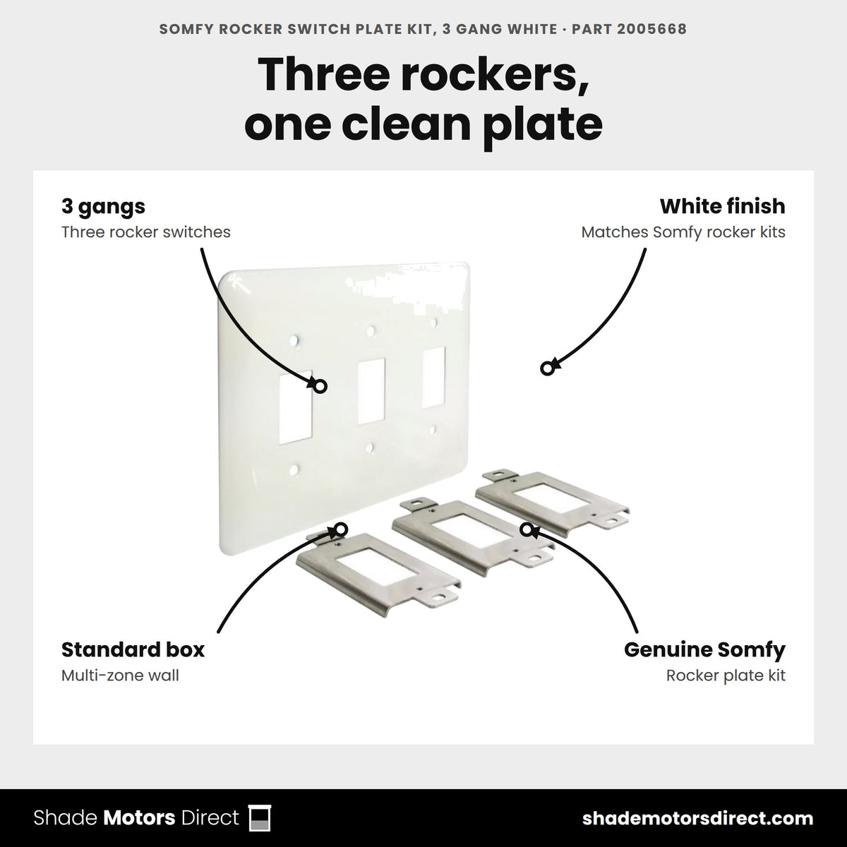 Somfy rocker switch plate kit, 3-gang, white, part 2005668, mounts three Somfy rocker switches in one assembly