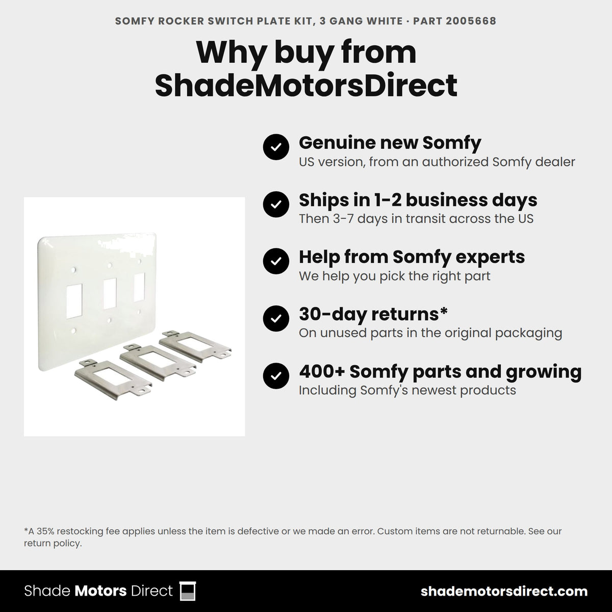 Buy the Somfy Rocker Switch Plate Kit, 3 gang white, part 2005668, genuine new, from ShadeMotorsDirect