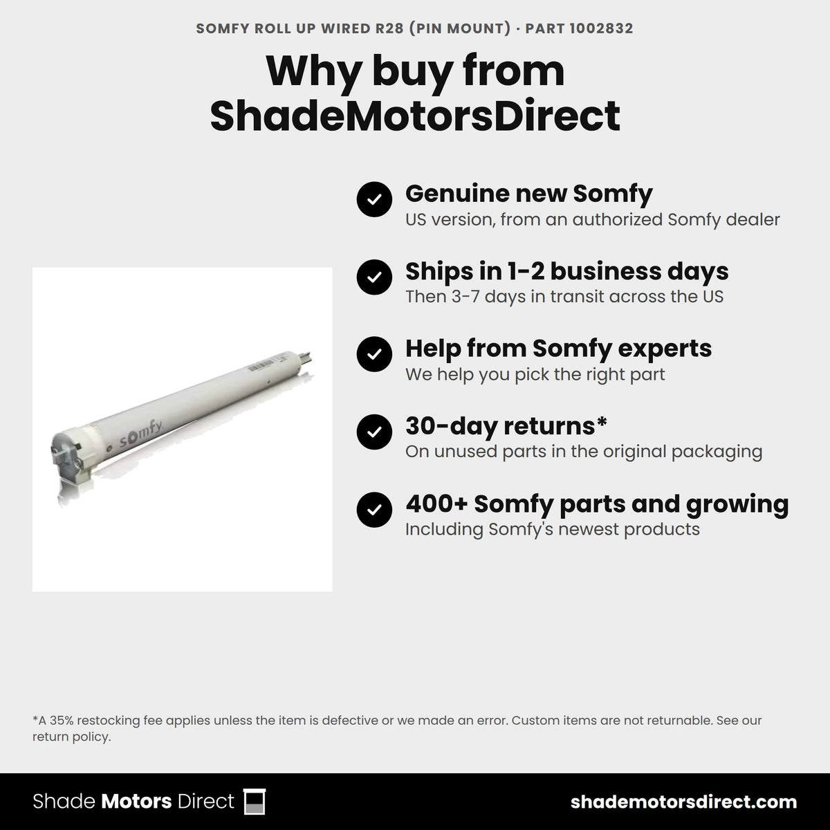 Buy the Somfy Roll Up Wired R28 (Pin Mount), part 1002832, genuine new, from ShadeMotorsDirect