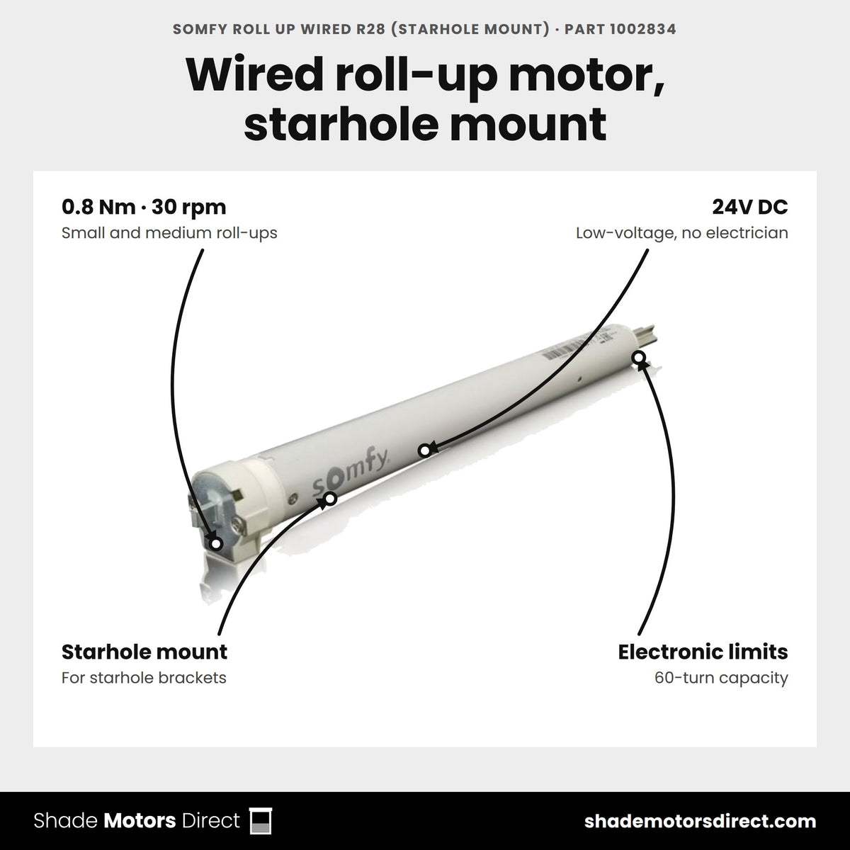 Somfy Roll Up Wired R28 starhole mount motor, part 1002834, features: 0.8 Nm, 30 rpm, 24V DC, electronic limits