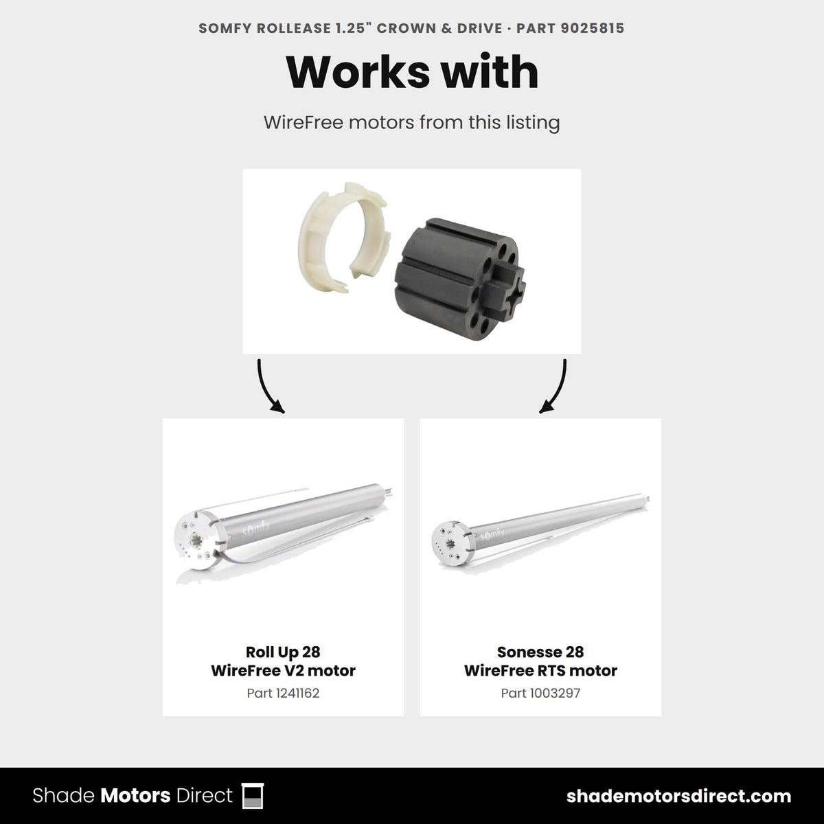 Somfy motors that work with the RollEase 1.25 in crown and drive 9025815: Roll Up 28 WireFree V2 motor 1241162, Sonesse 28 WireFree RTS motor 1003297