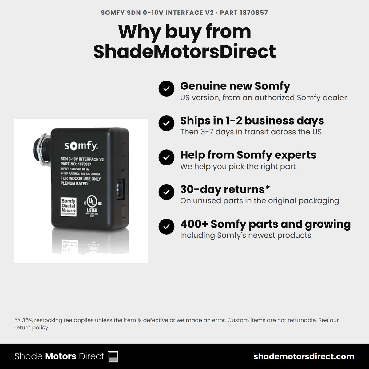 Buy the Somfy SDN 0-10V Interface V2, part 1870857, genuine new, from ShadeMotorsDirect