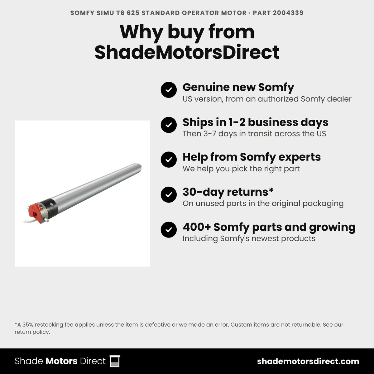Buy the Somfy Simu T6 625 Standard Operator Motor, part 2004339, genuine new, from ShadeMotorsDirect