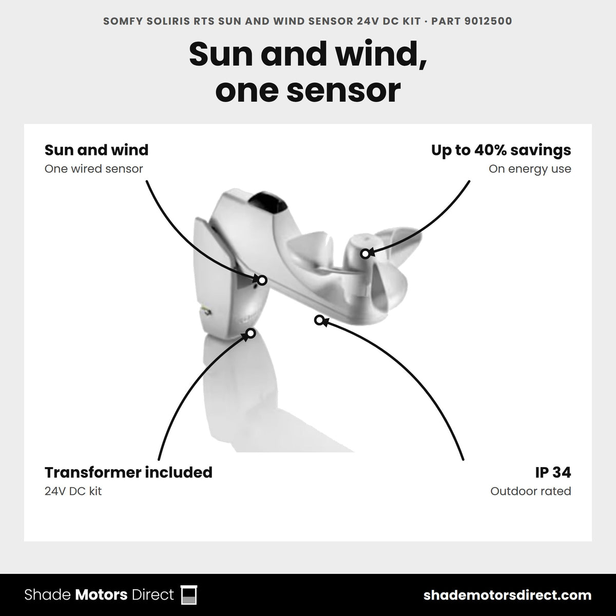 Somfy Soliris RTS Sun and Wind Sensor 24V DC Kit, part 9012500, features: combined sun and wind sensing, up to 40% energy savings, 24V DC transformer included, IP 34, 433.420 MHz