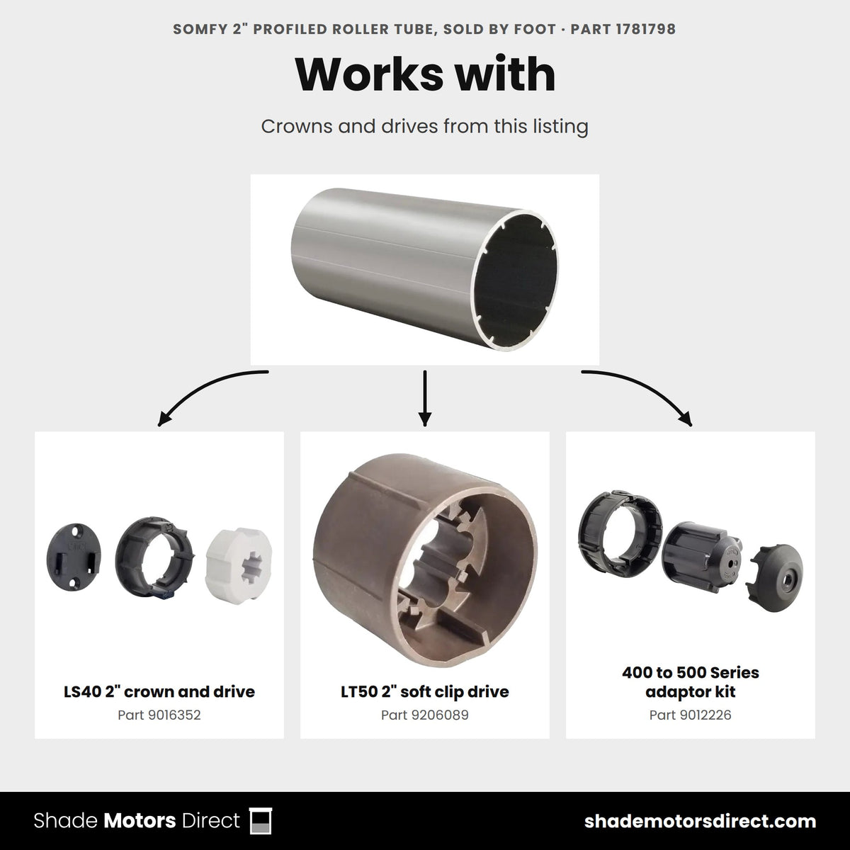 Parts that work with the Somfy 2 in profiled roller tube 1781798: LS40 2" crown and drive 9016352, LT50 2" soft clip drive 9206089, 400 to 500 Series adaptor kit 9012226