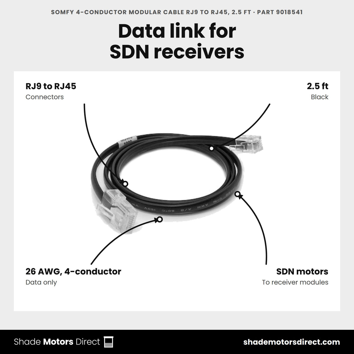Somfy 4-Conductor Modular Cable RJ9 to RJ45, 2.5 ft, part 9018541, features: 26 AWG 4-conductor RJ9 to RJ45 data-only cable, 2.5 ft, black