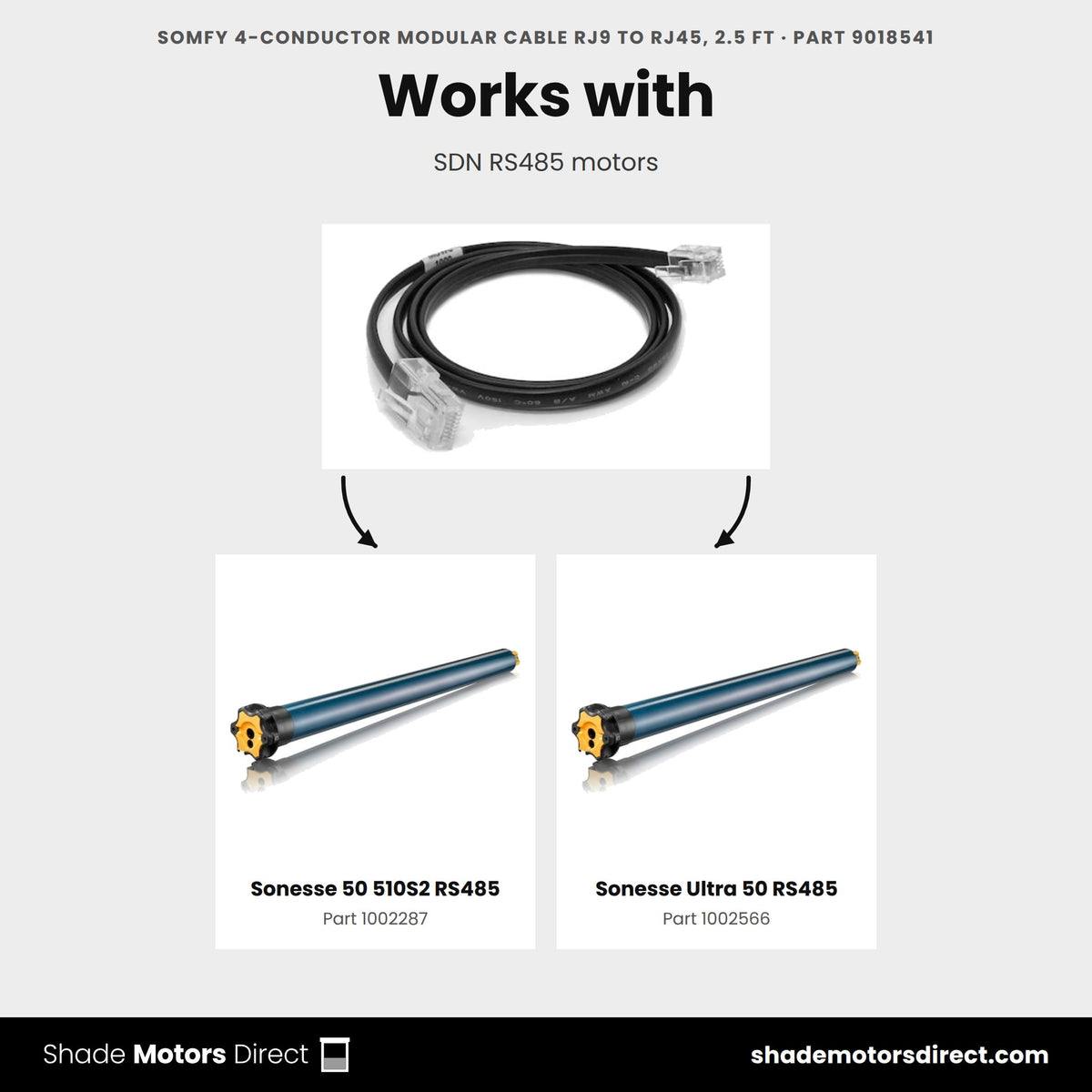 Parts that work with the Somfy RJ9 to RJ45 modular data cable 2.5 ft 9018541: Sonesse 50 510S2 RS485 1002287, Sonesse Ultra 50 RS485 1002566