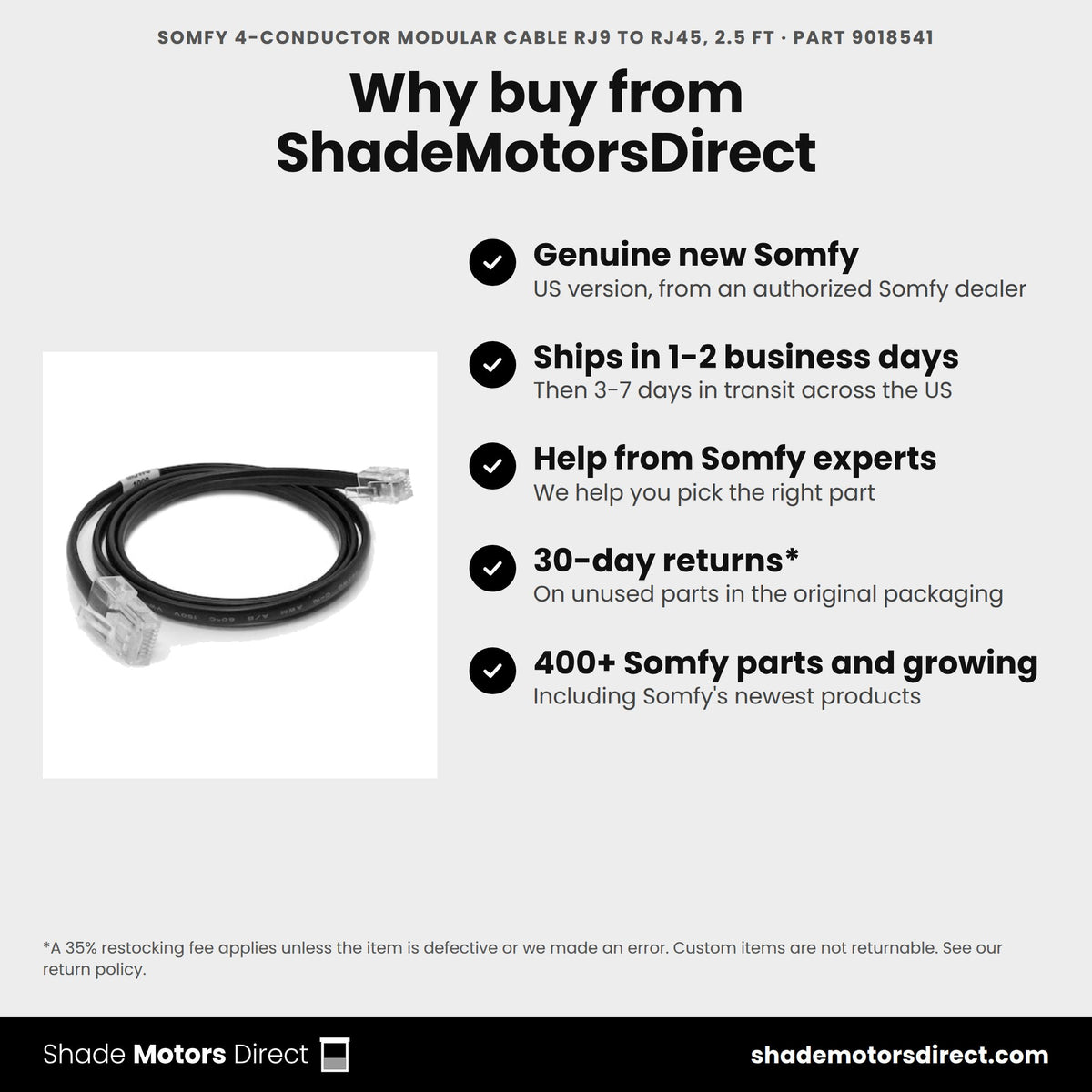 Buy the Somfy 4-Conductor Modular Cable RJ9 to RJ45, 2.5 ft, part 9018541, genuine new, from ShadeMotorsDirect