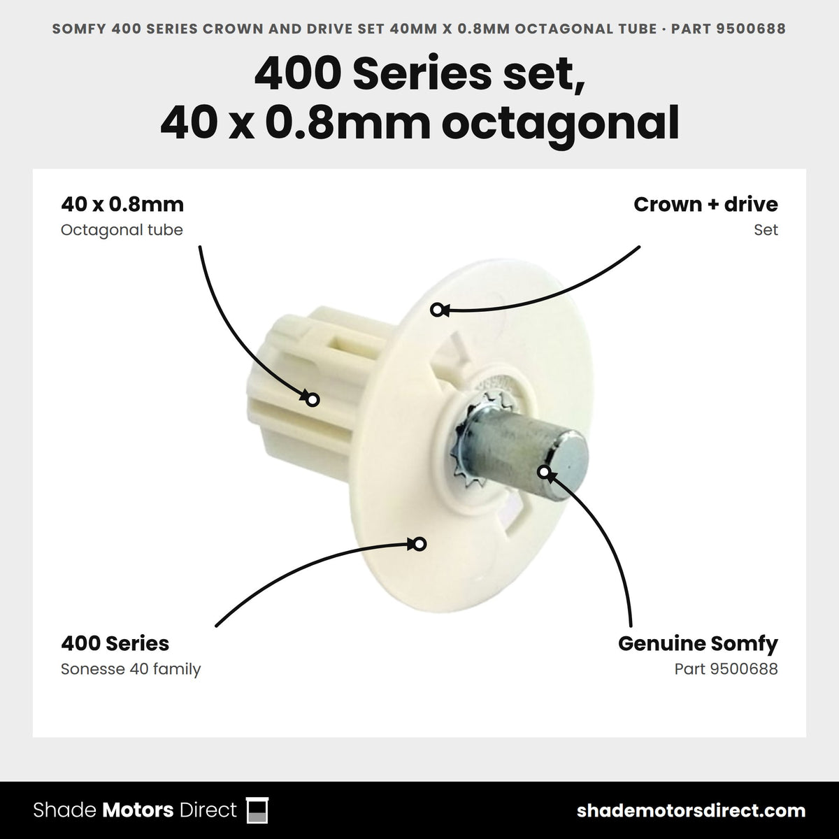 Somfy 400 Series Crown and Drive Set 40mm x 0.8mm Octagonal Tube, part 9500688, features: crown and drive set for 400-series motors on 40mm x 0.8mm octagonal tube