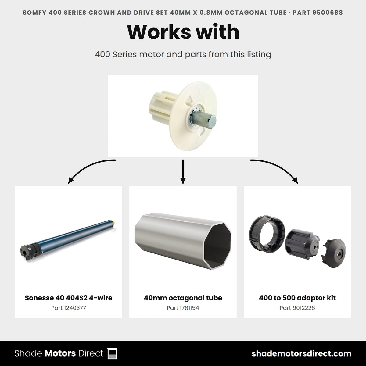 Parts that work with the Somfy 400 Series crown and drive set 40mm octagonal 9500688: Sonesse 40 404S2 4-wire 1240377, 40mm octagonal tube 1781154, 400 to 500 adaptor kit 9012226