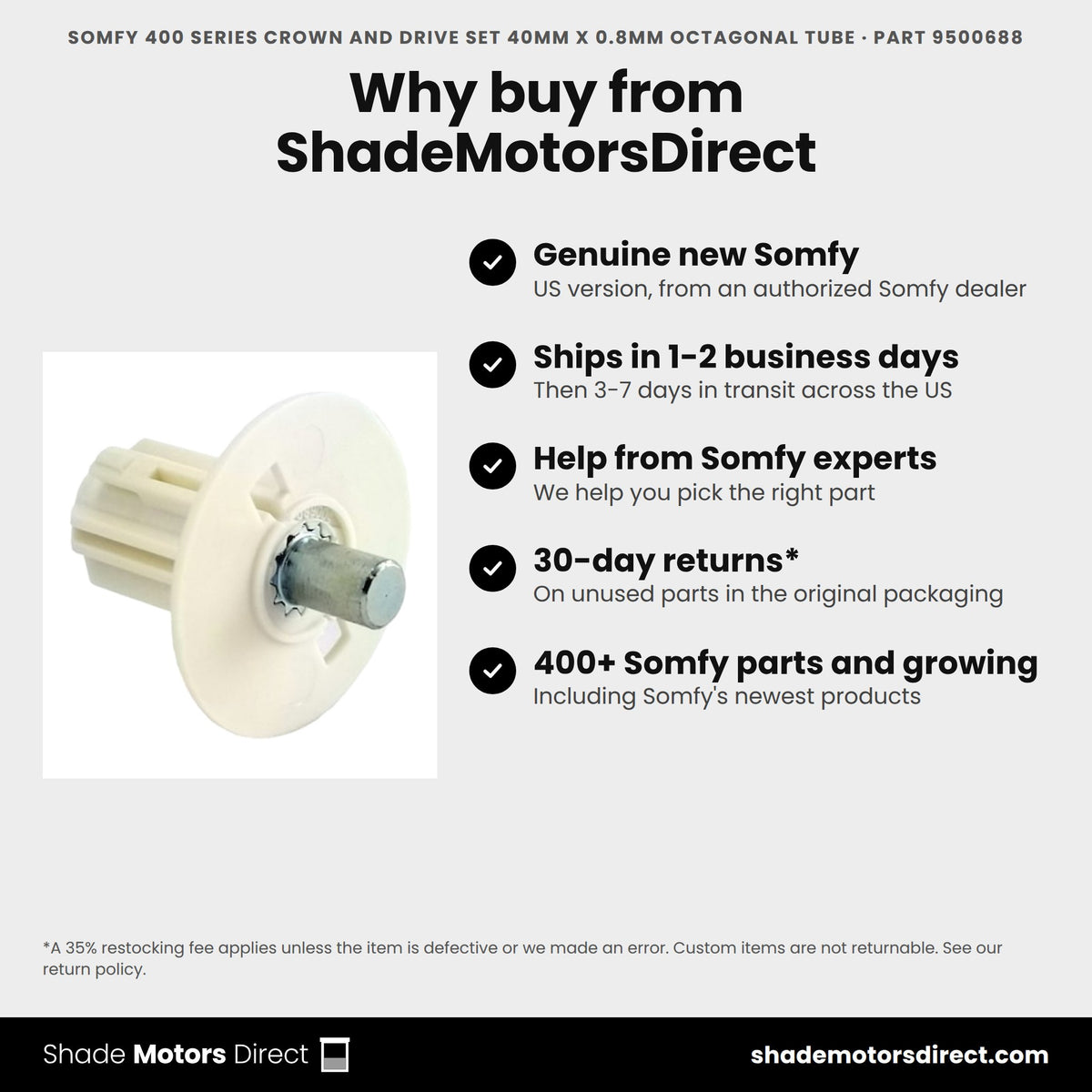 Buy the Somfy 400 Series Crown and Drive Set 40mm x 0.8mm Octagonal Tube, part 9500688, genuine new, from ShadeMotorsDirect