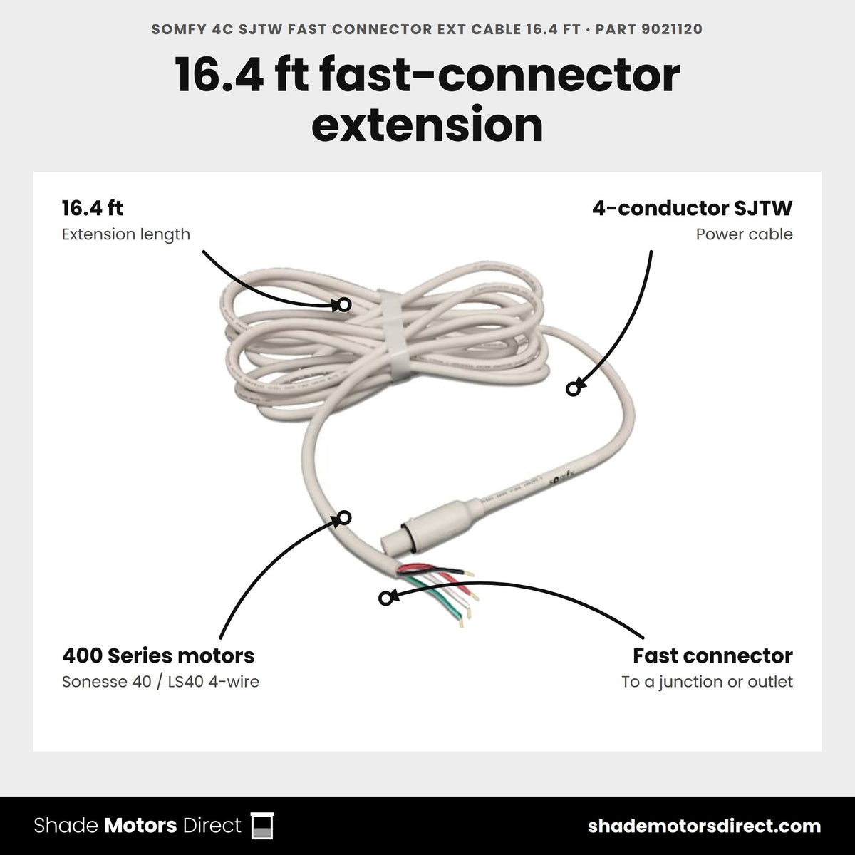 Somfy 4C SJTW Fast Connector Ext Cable 16.4 ft, part 9021120, features: 16.4 ft 4-conductor SJTW fast-connector extension for Somfy 4-wire motors with fast connector
