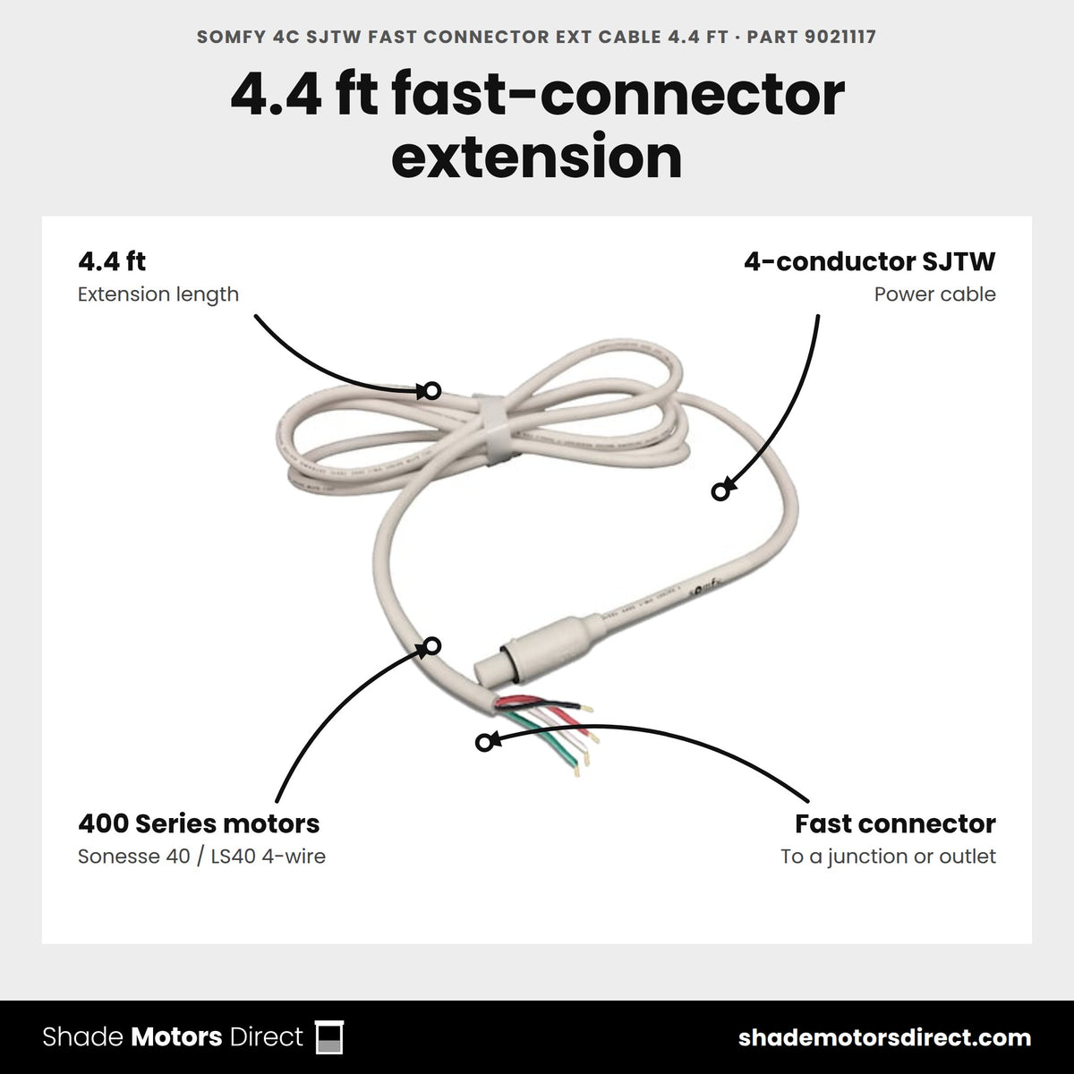 Somfy 4C SJTW Fast Connector Ext Cable 4.4 ft, part 9021117, features: 4.4 ft 4-conductor SJTW fast-connector extension for Somfy 4-wire motors with fast connector