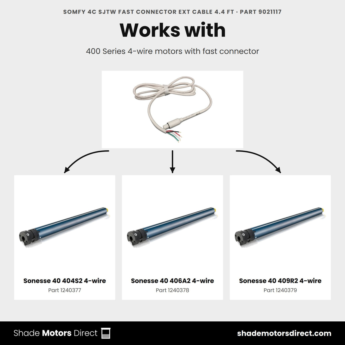 Parts that work with the Somfy 4C SJTW fast connector extension cable 4.4 ft 9021117: Sonesse 40 404S2 4-wire 1240377, Sonesse 40 406A2 4-wire 1240378, Sonesse 40 409R2 4-wire 1240379