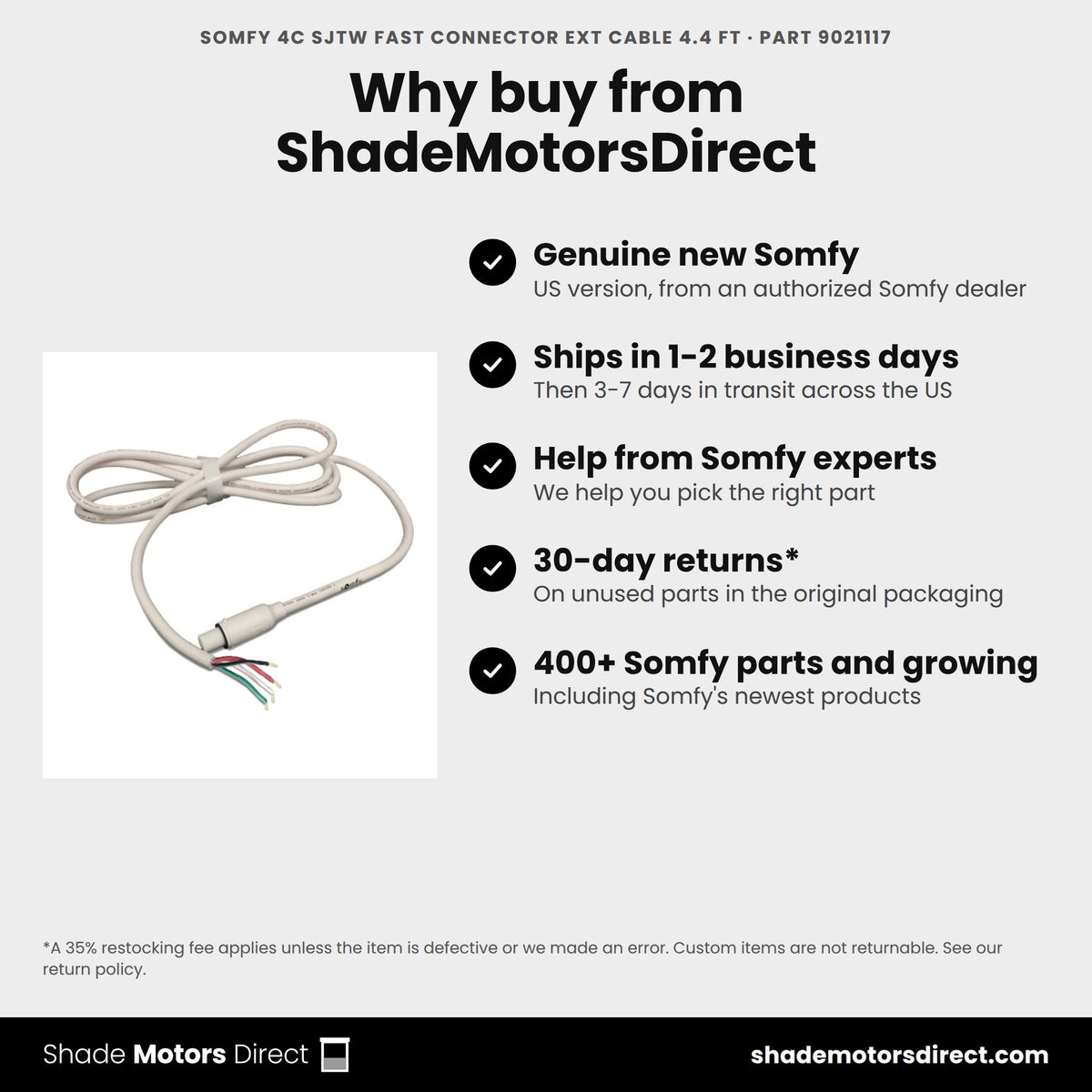 Buy the Somfy 4C SJTW Fast Connector Ext Cable 4.4 ft, part 9021117, genuine new, from ShadeMotorsDirect