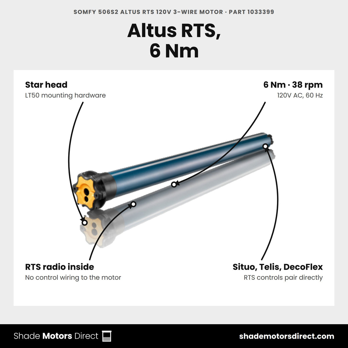 Somfy 506S2 Altus RTS 120V 3-wire motor, part 1033399, features: star head, 6 Nm, 38 rpm, built-in RTS radio