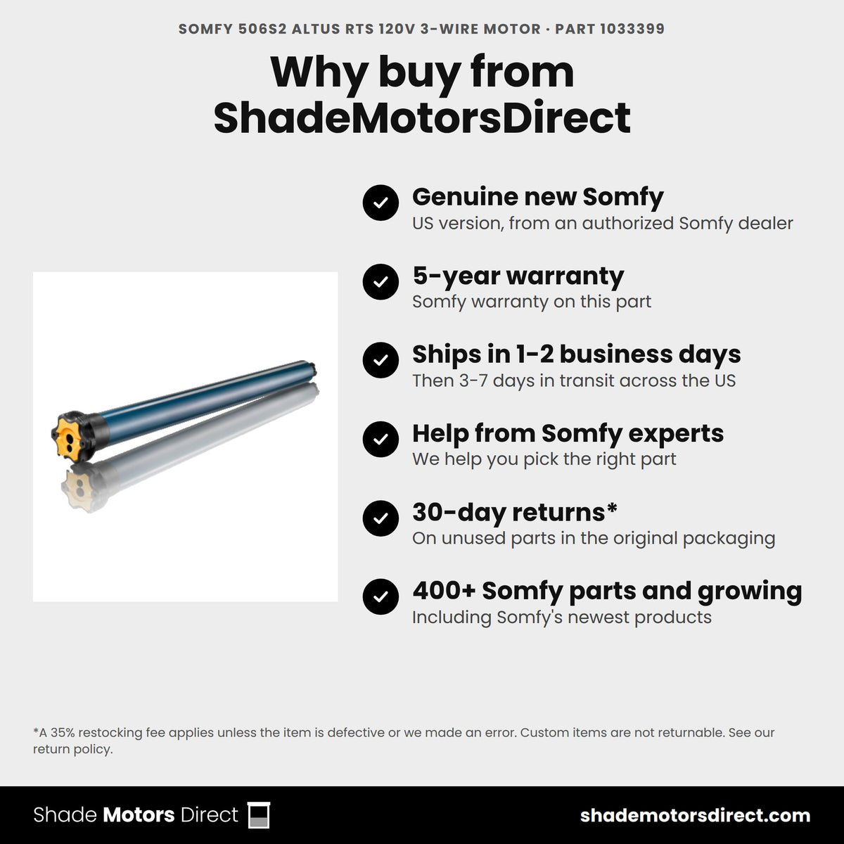 Buy the Somfy 506S2 Altus RTS 120V 3-Wire Motor, part 1033399, genuine new with 5-year warranty, from ShadeMotorsDirect