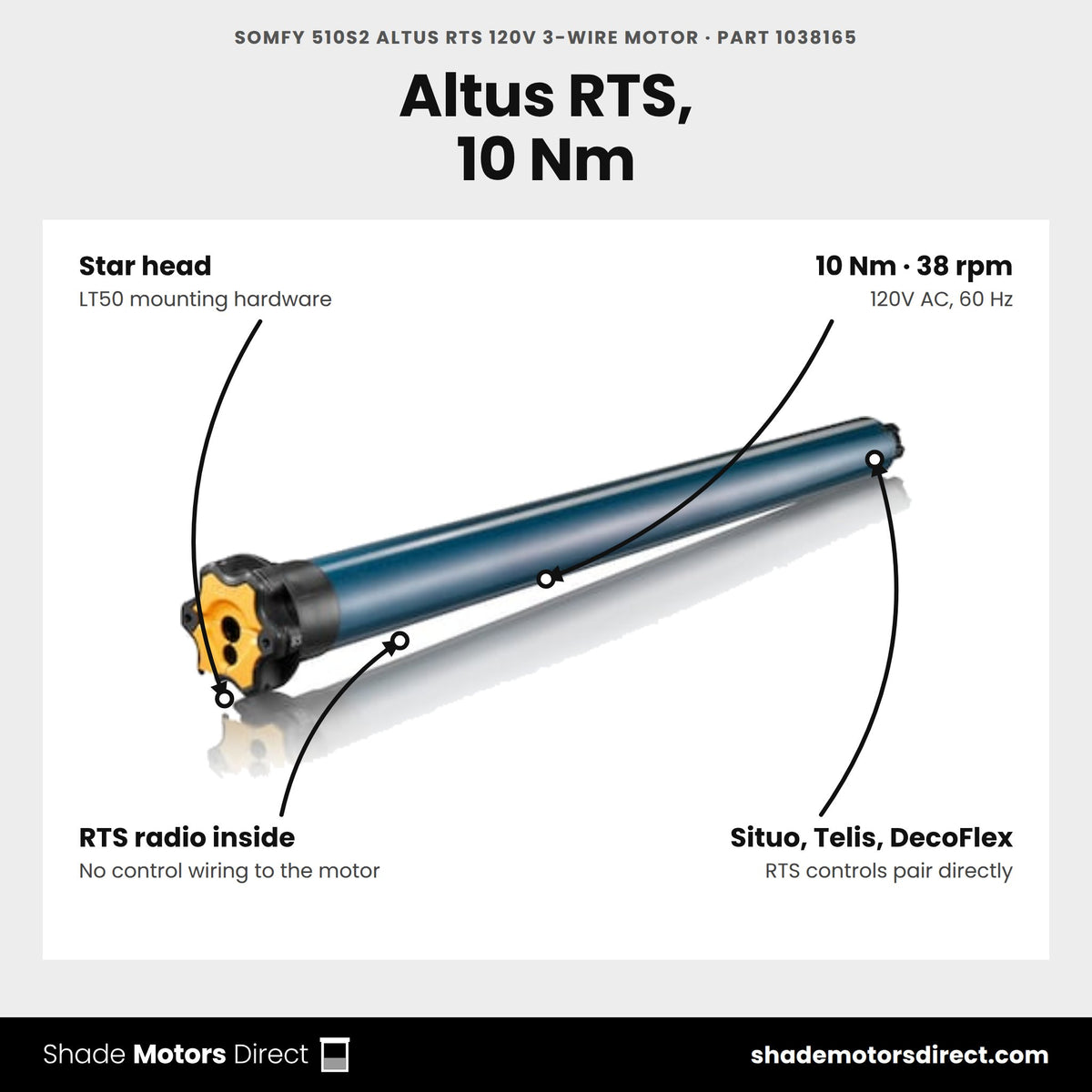 Somfy 510S2 Altus RTS 120V 3-wire motor, part 1038165, features: star head, 10 Nm, 38 rpm, built-in RTS radio