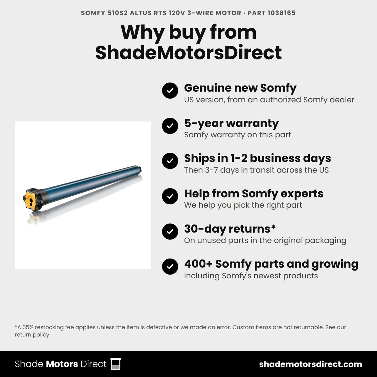Buy the Somfy 510S2 Altus RTS 120V 3-Wire Motor, part 1038165, genuine new with 5-year warranty, from ShadeMotorsDirect