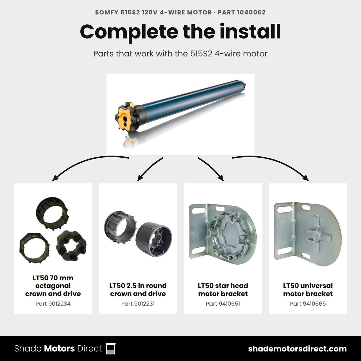 Parts that work with the Somfy 515S2 4-wire motor 1040062: LT50 70 mm octagonal crown and drive 9012234, LT50 2.5 in round crown and drive 9012231, LT50 star head motor bracket 9410651, LT50 universal motor bracket 9410665