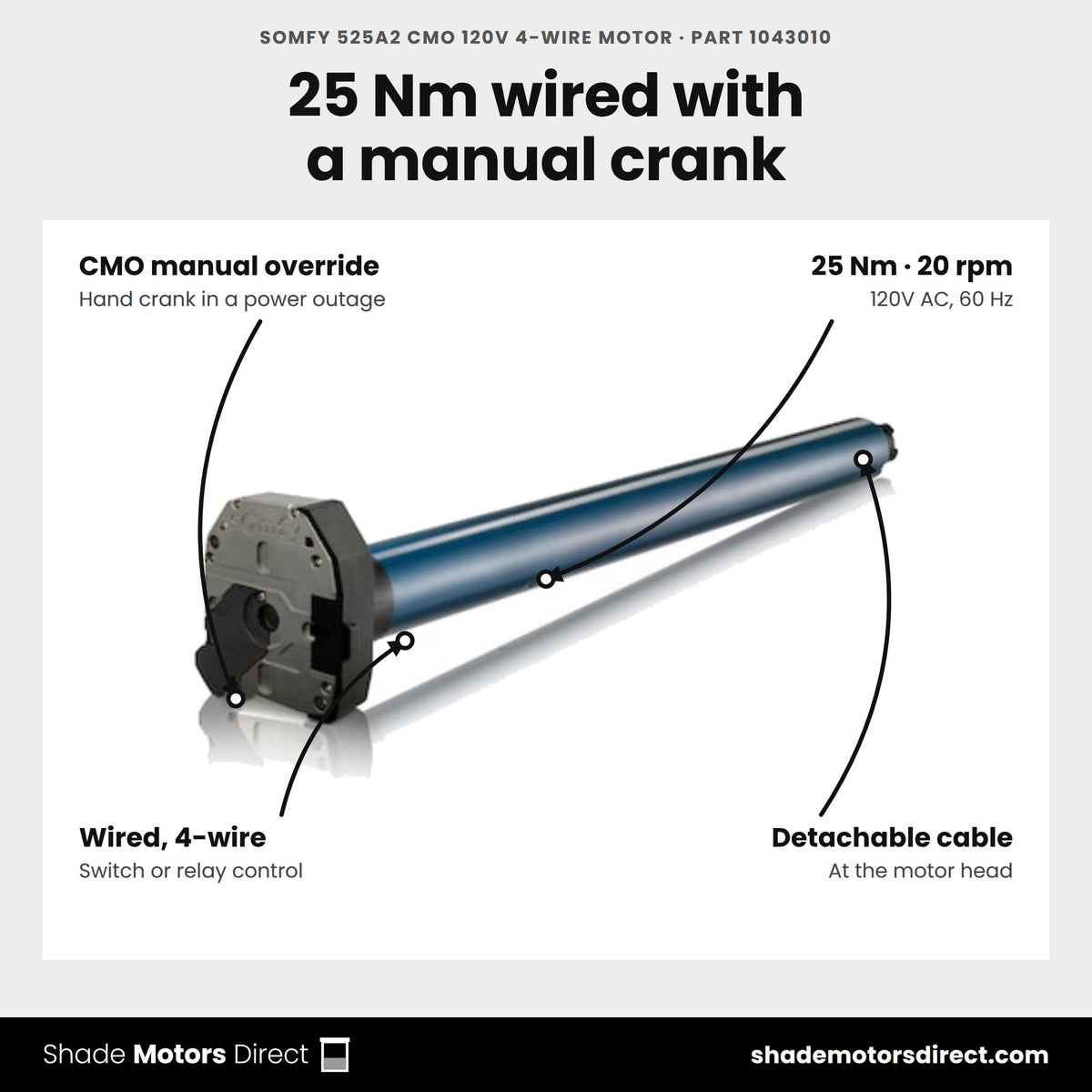 Somfy 525A2 CMO 120V 4-Wire Motor, part 1043010, features: 25 Nm, 20 rpm, CMO manual crank override, wired 4-wire control, detachable cable