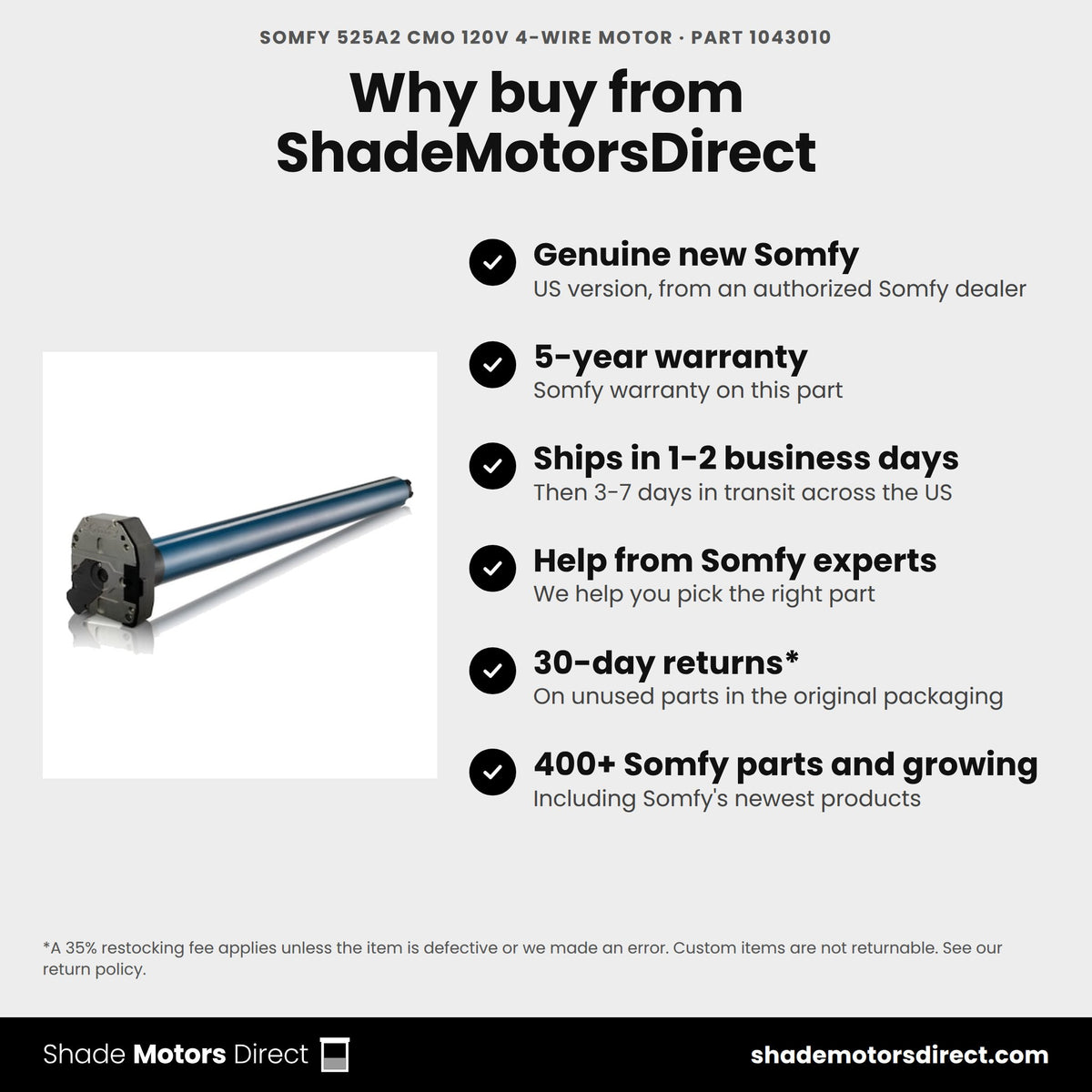Buy the Somfy 525A2 CMO 120V 4-Wire Motor, part 1043010, genuine new with 5-year warranty, from ShadeMotorsDirect