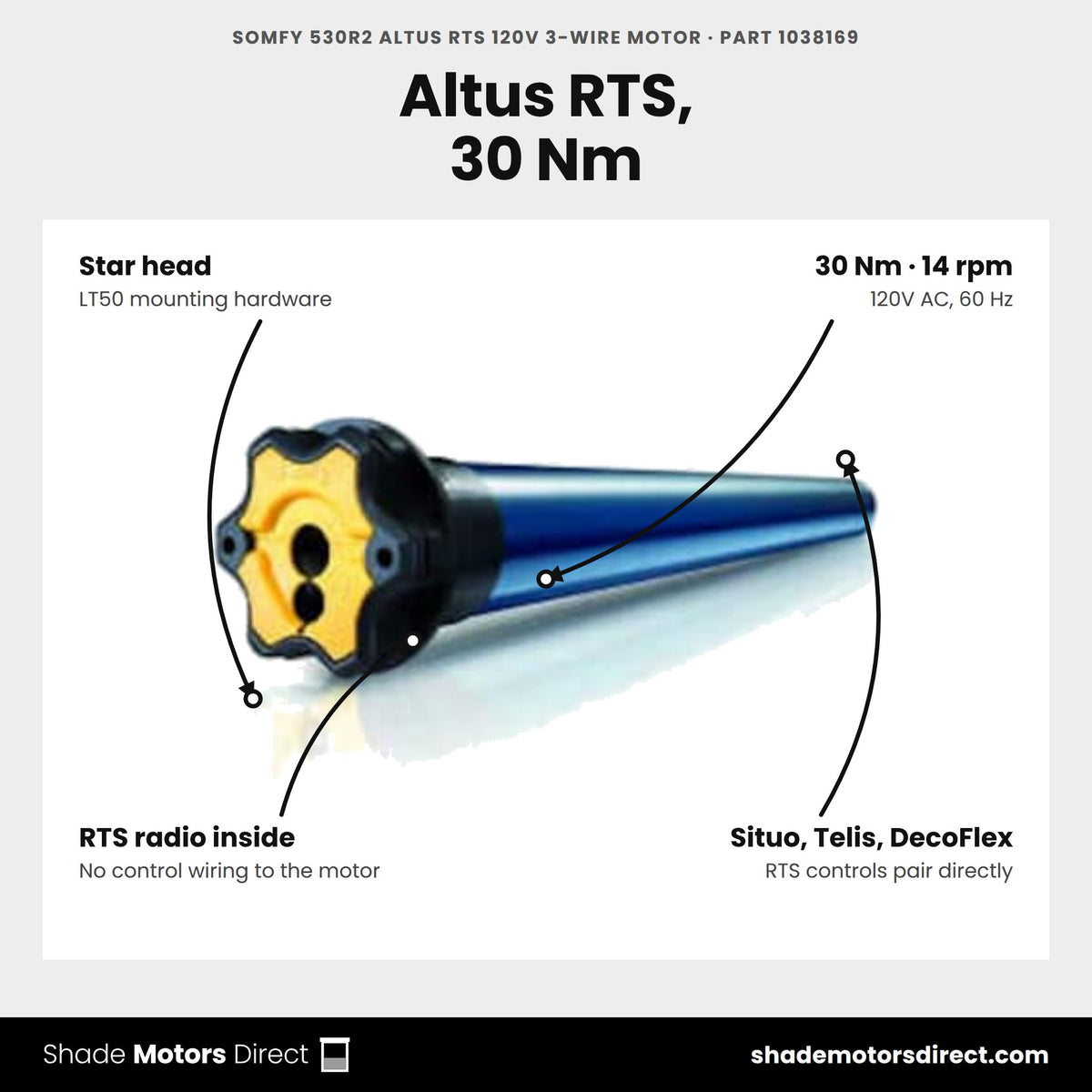 Somfy 530R2 Altus RTS 120V 3-wire motor, part 1038169, features: star head, 30 Nm, 14 rpm, built-in RTS radio