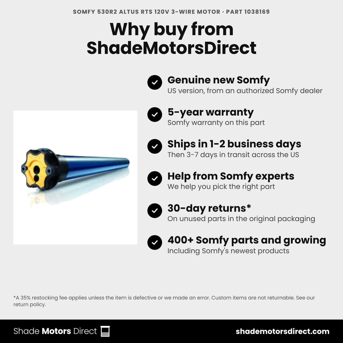 Buy the Somfy 530R2 Altus RTS 120V 3-Wire Motor, part 1038169, genuine new with 5-year warranty, from ShadeMotorsDirect