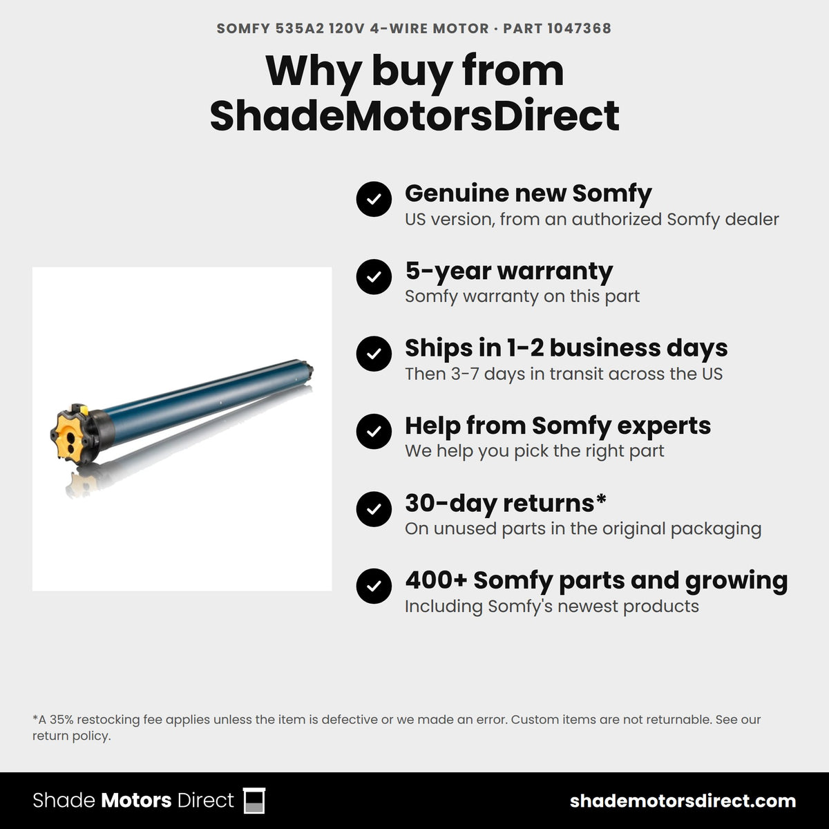 Buy the Somfy 535A2 120V 4-Wire Motor, part 1047368, genuine new with 5-year warranty, from ShadeMotorsDirect