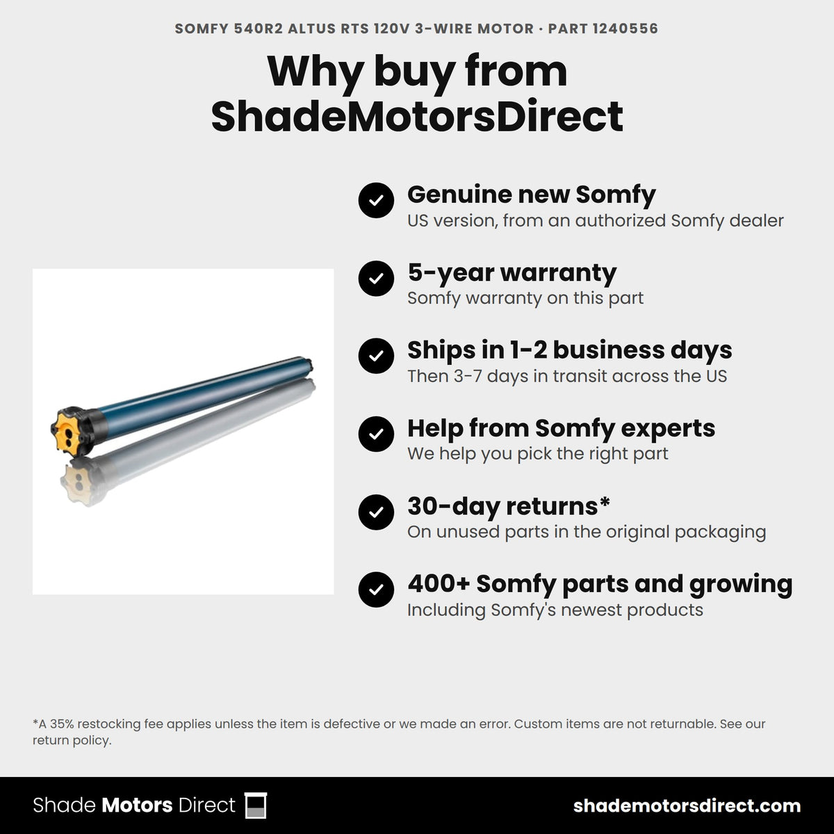 Buy the Somfy 540R2 Altus RTS 120V 3-Wire Motor, part 1240556, genuine new with 5-year warranty, from ShadeMotorsDirect