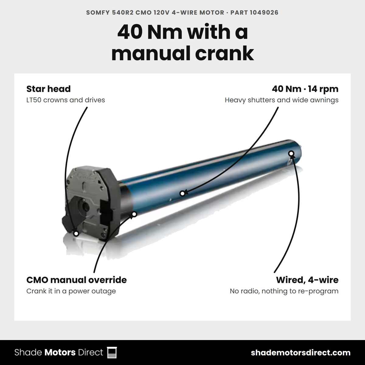 Somfy 540R2 CMO 120V 4-wire motor, part 1049026, features: star head, 40 Nm, 14 rpm, manual override crank, wired 4-wire control