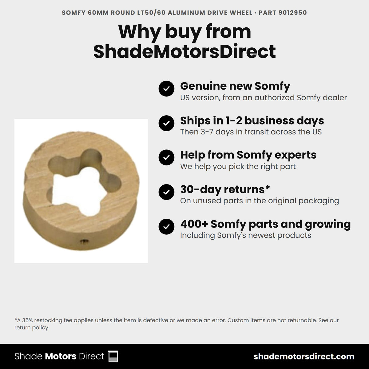 Buy the Somfy 60mm Round LT50/60 Aluminum Drive Wheel, part 9012950, genuine new, from ShadeMotorsDirect