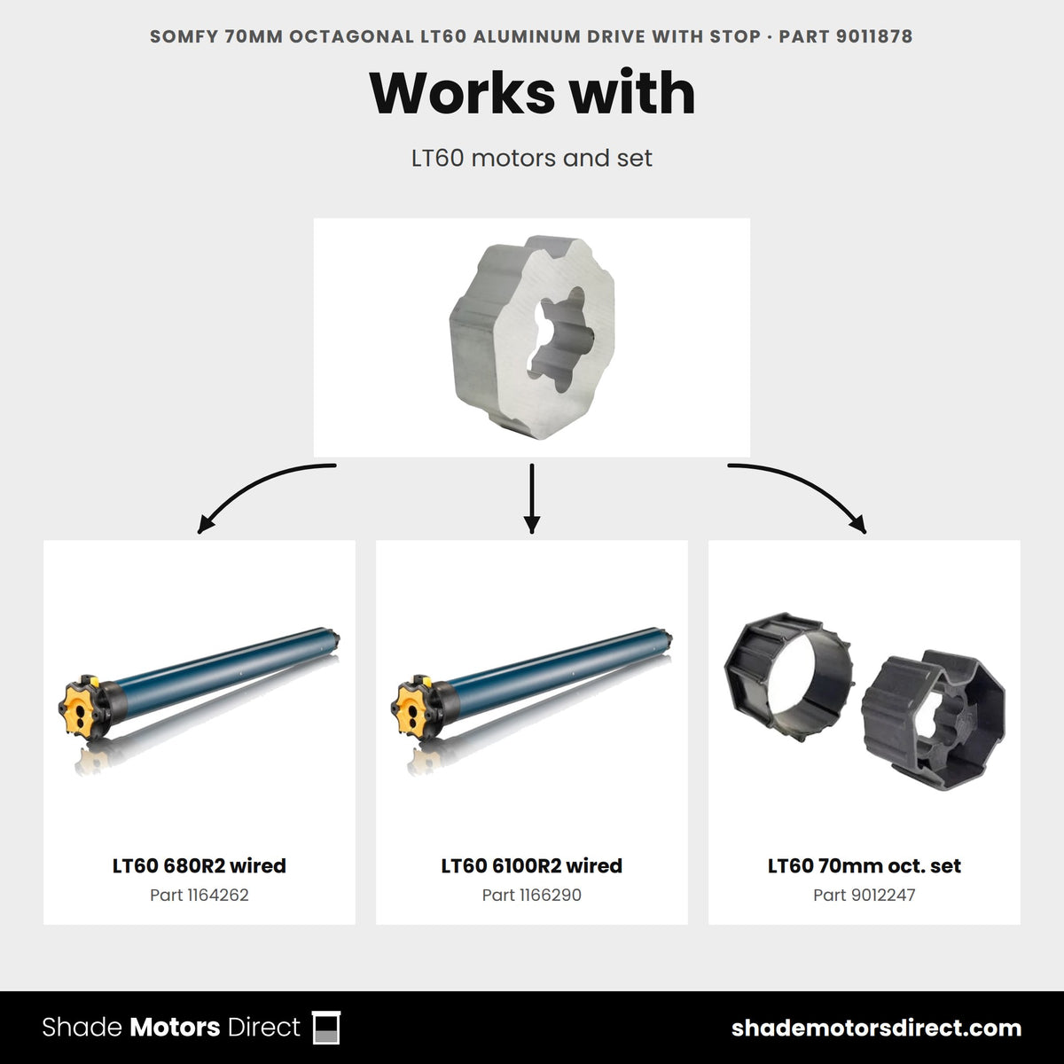 Parts that work with the Somfy 70mm octagonal LT60 aluminum drive with stop 9011878: LT60 680R2 wired 1164262, LT60 6100R2 wired 1166290, LT60 70mm oct. set 9012247