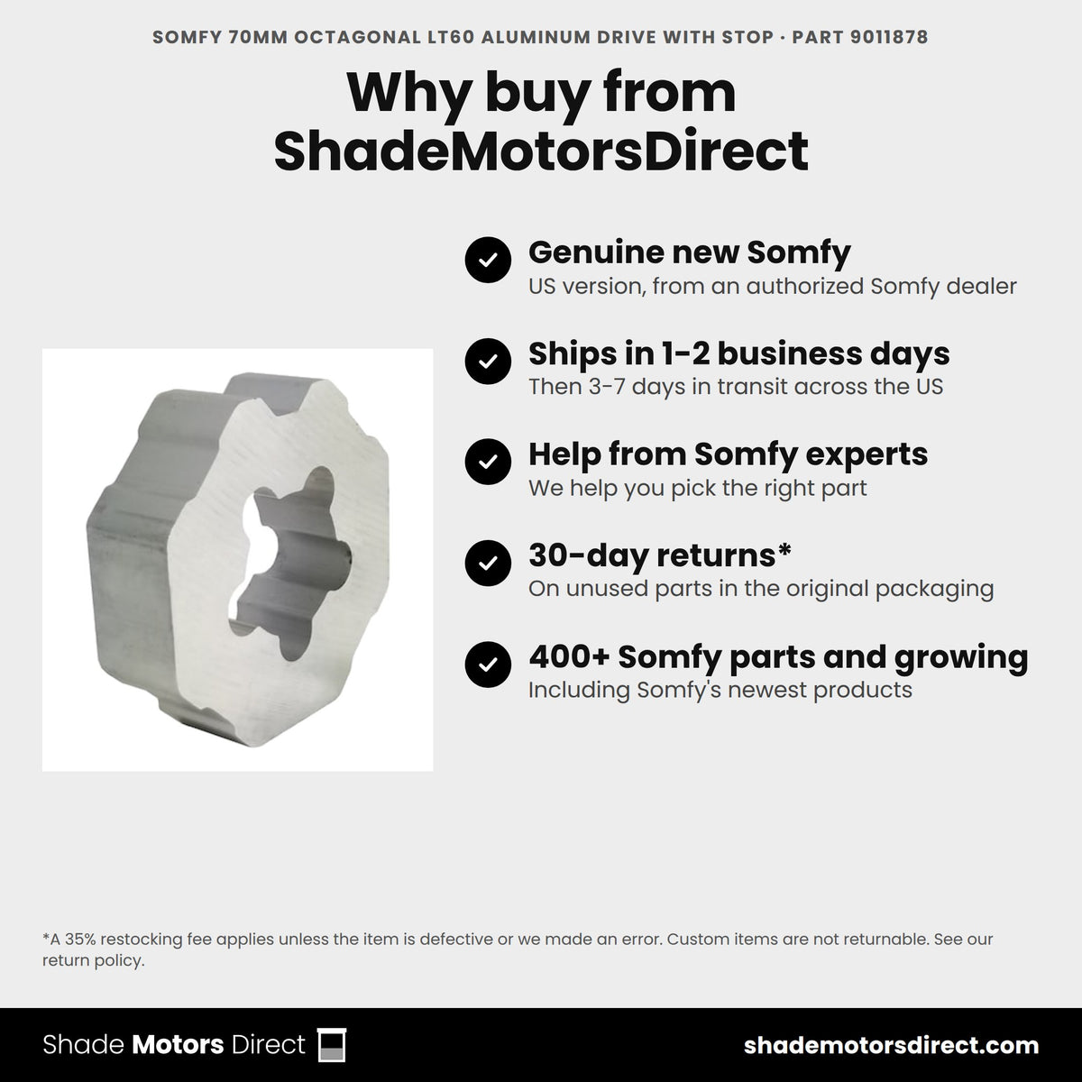 Buy the Somfy 70mm Octagonal LT60 Aluminum Drive With Stop, part 9011878, genuine new, from ShadeMotorsDirect
