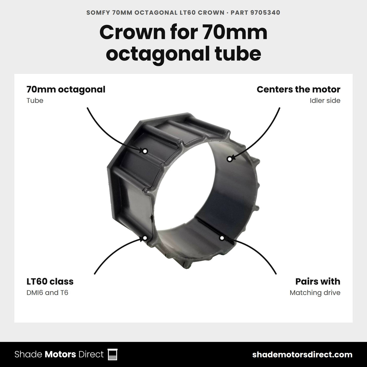 Somfy 70mm Octagonal LT60 Crown, part 9705340, features: crown that centers and supports a Somfy LT60-class motor inside 70mm octagonal tube