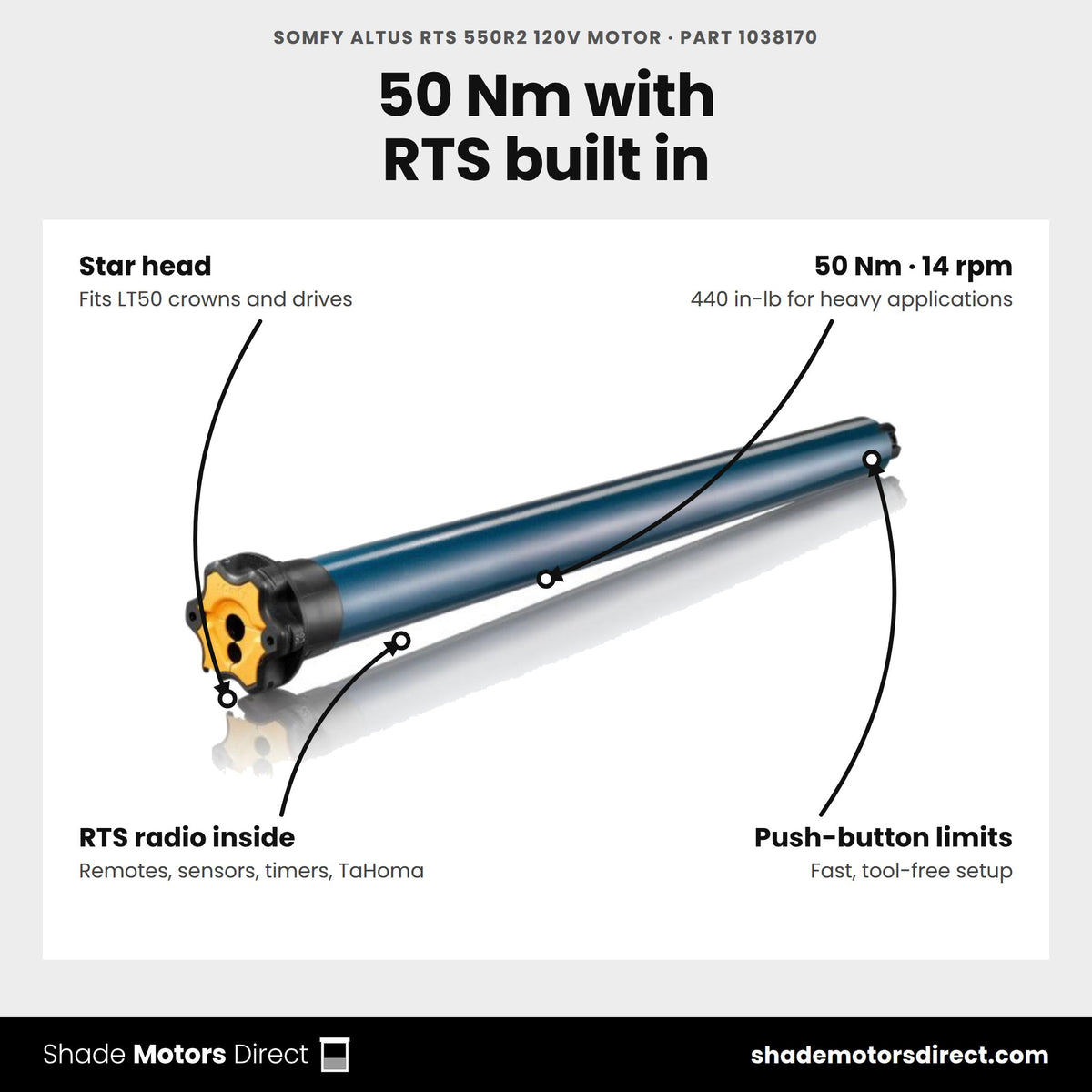 Somfy Altus RTS 550R2 120V Motor, part 1038170, features: Star head, 50 Nm · 14 rpm, RTS radio inside, Push-button limits
