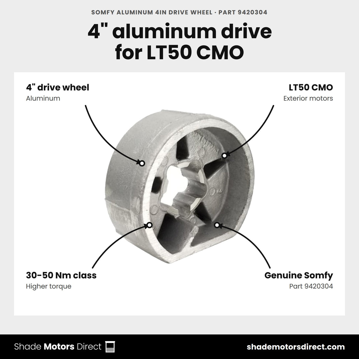 Somfy Aluminum 4in Drive Wheel, part 9420304, features: 4 in aluminum drive wheel for LT50 CMO exterior motors in the 30-50 Nm class