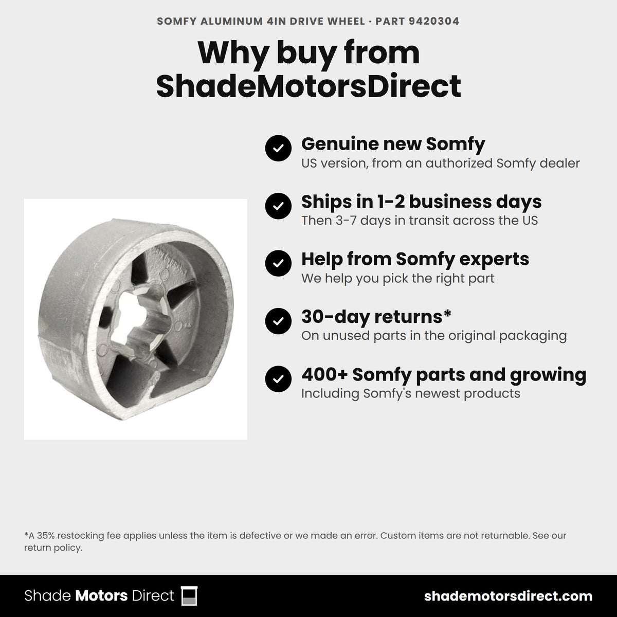 Buy the Somfy Aluminum 4in Drive Wheel, part 9420304, genuine new, from ShadeMotorsDirect