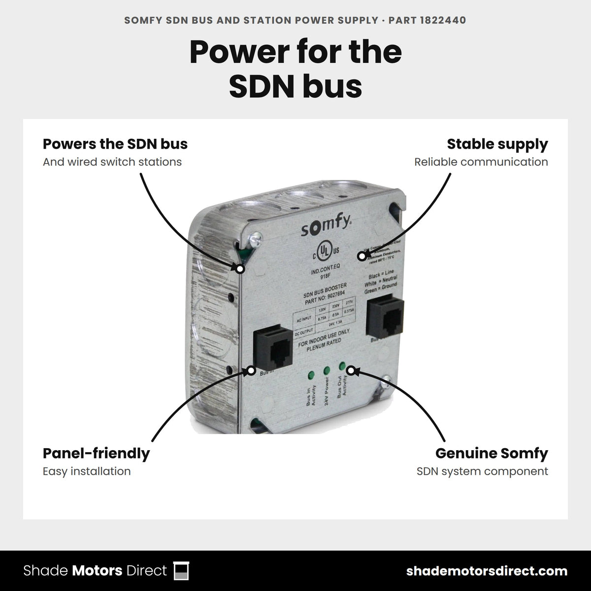Somfy SDN bus and station power supply, part 1822440, powers the SDN data bus and wired switch stations