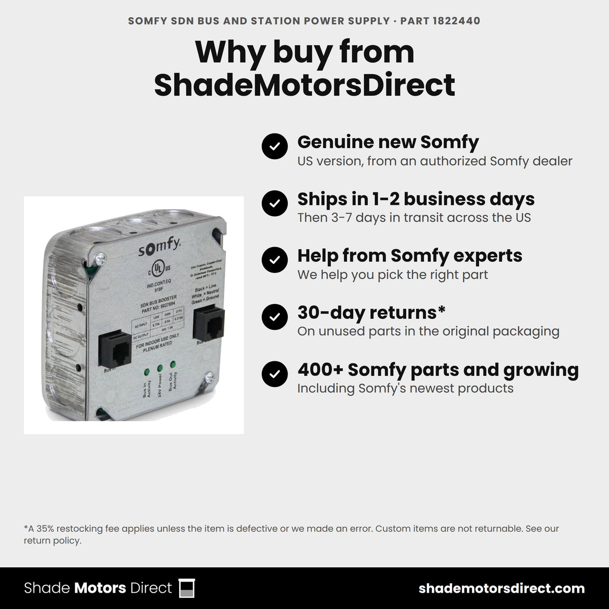 Buy the Somfy SDN Bus and Station Power Supply, part 1822440, genuine new, from ShadeMotorsDirect