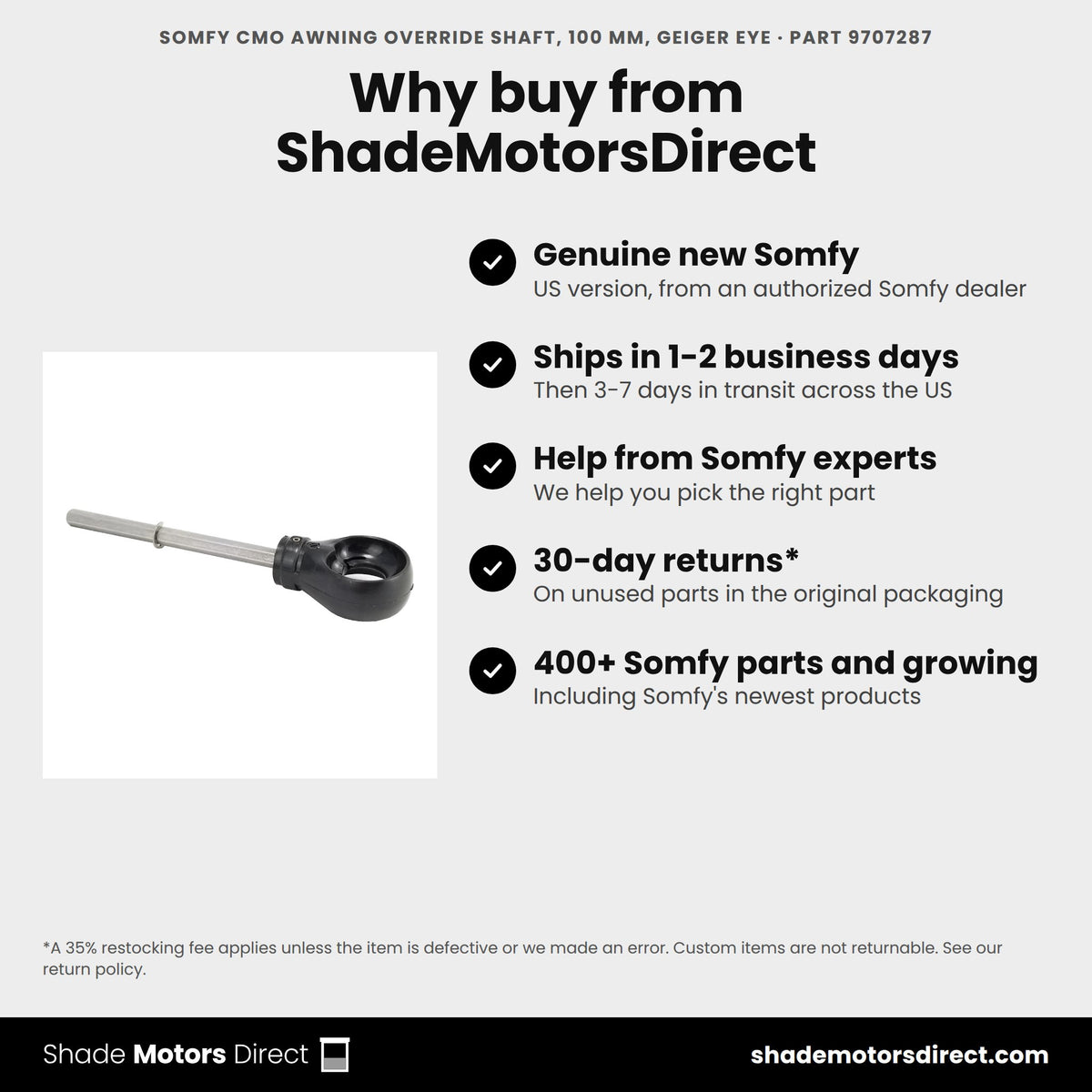 Buy the Somfy CMO Awning Override Shaft, 100 mm, Geiger Eye, part 9707287, genuine new, from ShadeMotorsDirect