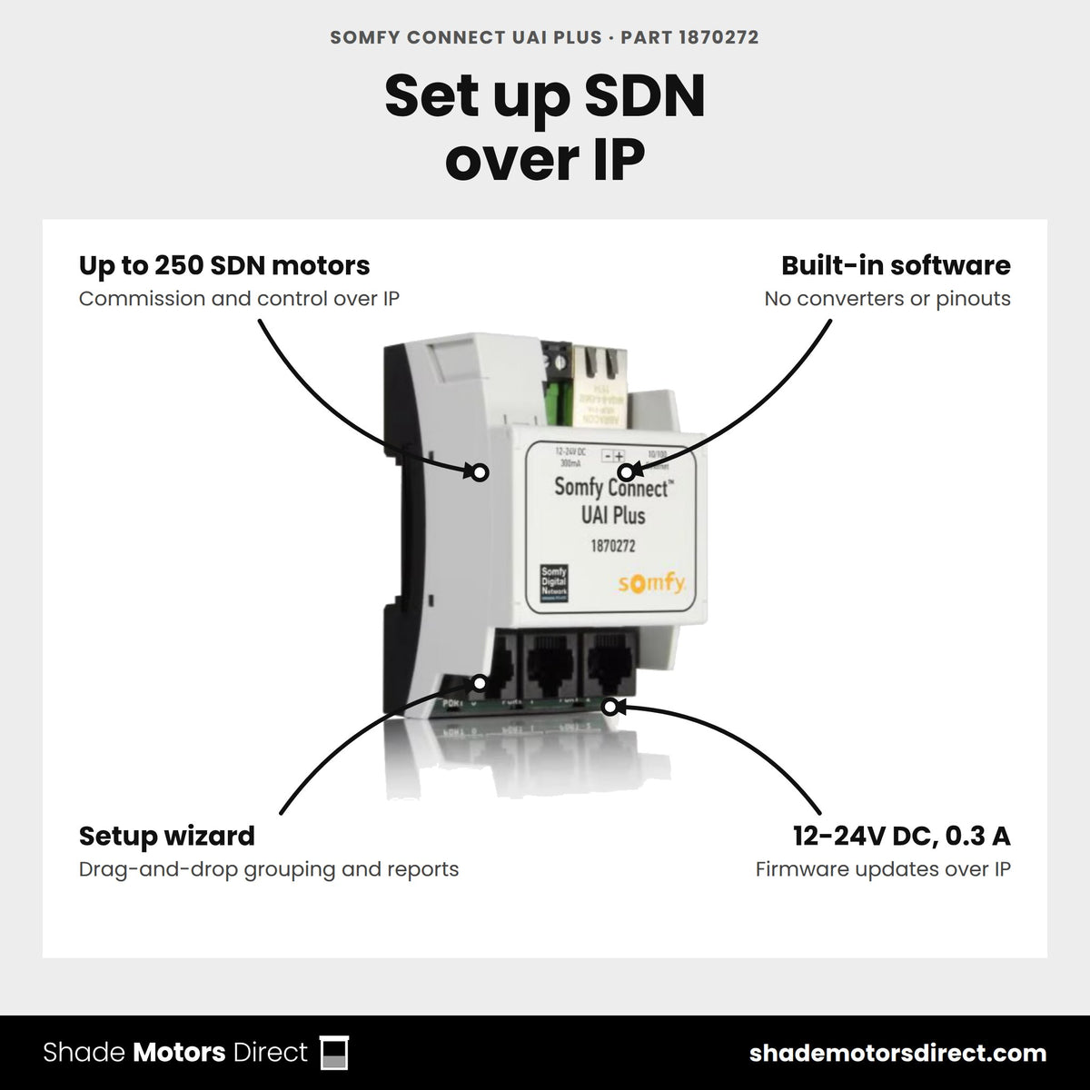 Somfy Connect UAI Plus, part 1870272, features: up to 250 SDN motors over IP, built-in programming software, setup wizard, 12-24V DC